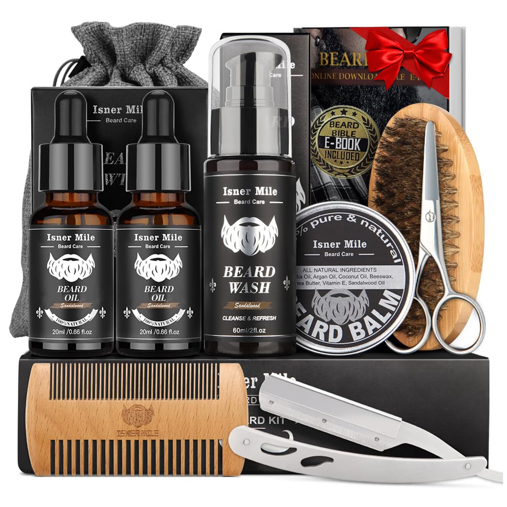Isner Mile Beard Grooming Kit for Men Care: Trimming Sets with Beard Wash - Oil - Balm - Brush - Comb & Straight Razor, Birthday Christmas Gifts Mens Stocking Stuffers for Him Boyfriend Dad Husband