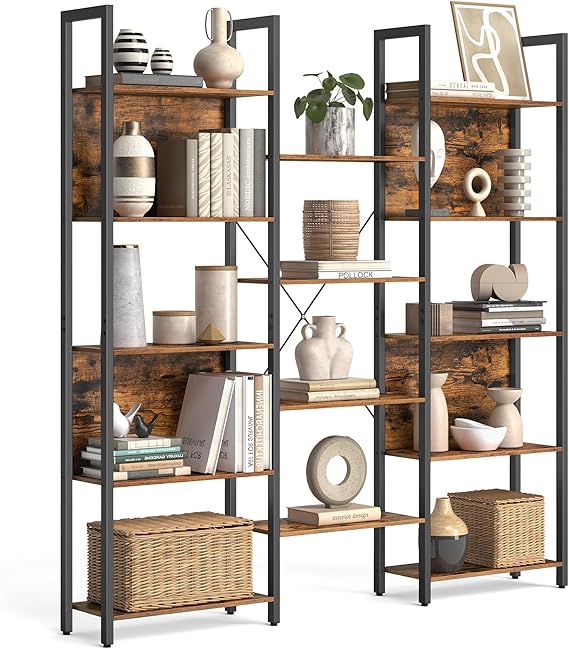 VASAGLE Triple Wide 5 Tier Bookshelf, Bookcase with 14 Storage Shelves, Metal Frame, Living Room, Study, Office, Industrial Style, Rustic Brown and Black ULLS107B01