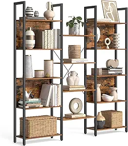 VASAGLE Triple Wide 5 Tier Bookshelf, Bookcase with 14 Storage Shelves, Metal Frame, Living Room, Study, Office, Industrial Style, Rustic Brown and Black ULLS107B01