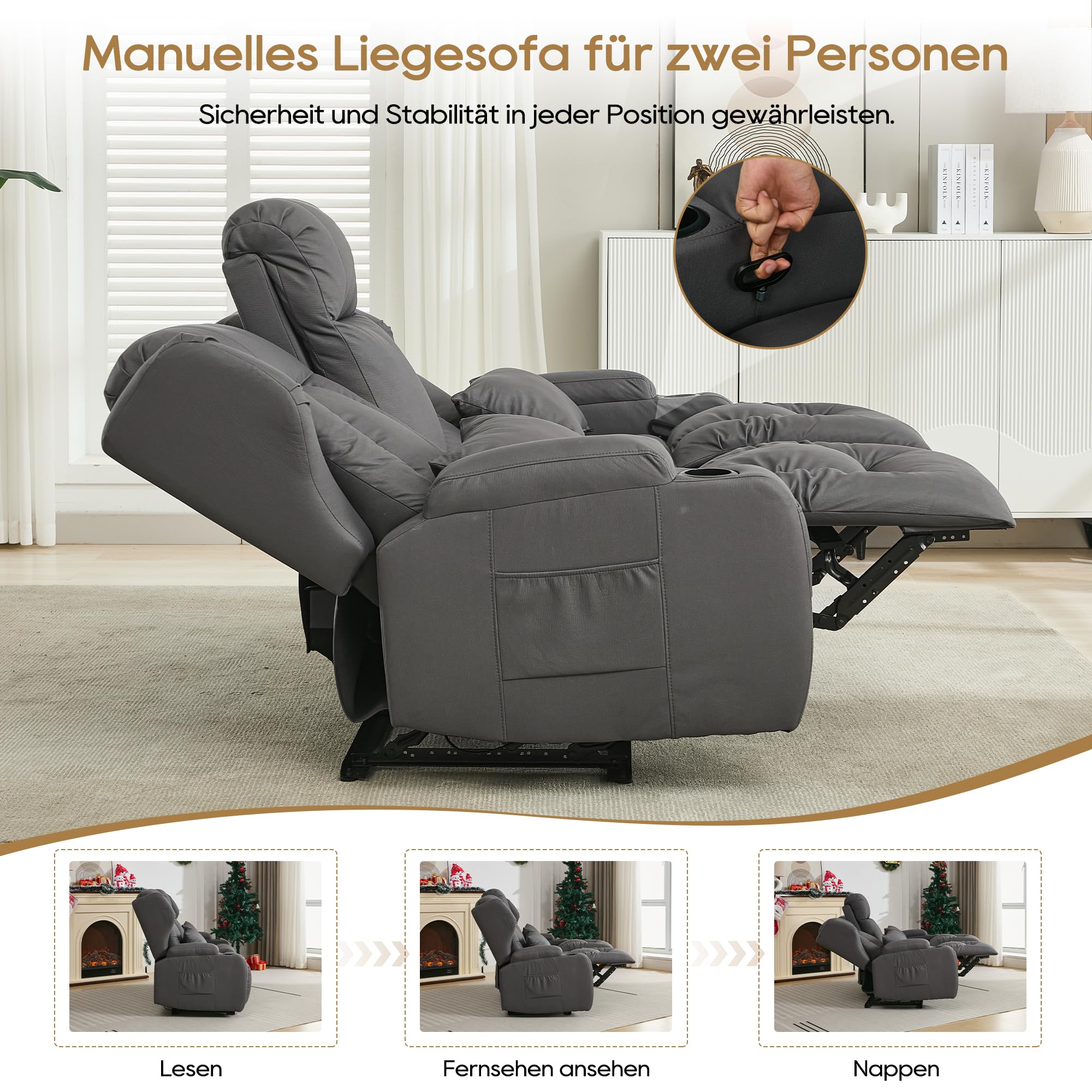 2er Relaxsessel mit Liegefunktion, Zweisitzer Fernsehsessel 2 Sitzer TV Sessel mit Konsole, Manuell Verstellbar Doppel Kinosessel bis 360 kg (Grau)