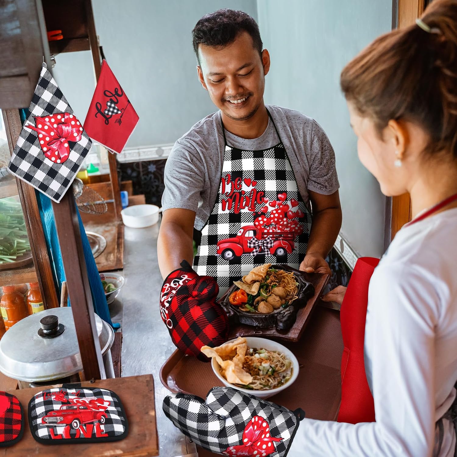 Newcotte 12 Pcs Valentine‘s Day Cooking Gift Sets for Couples Mr and Mrs Valentines Chef Apron Lovely Kitchen Towels Plaid Oven Mitt and Pot Holders Kitchen Accessories for Valentine‘s Day Gifts - Image 7