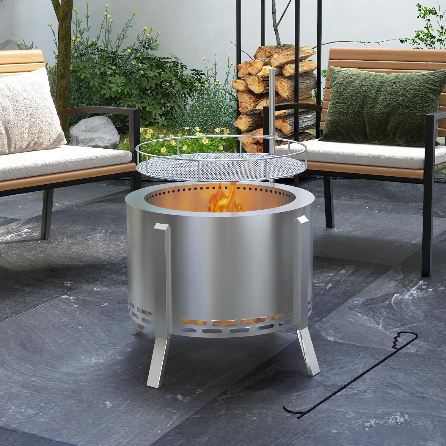 FocusOnHome 2-in-1 Smokeless Fire Pit and BBQ Grill in an outdoor patio setting