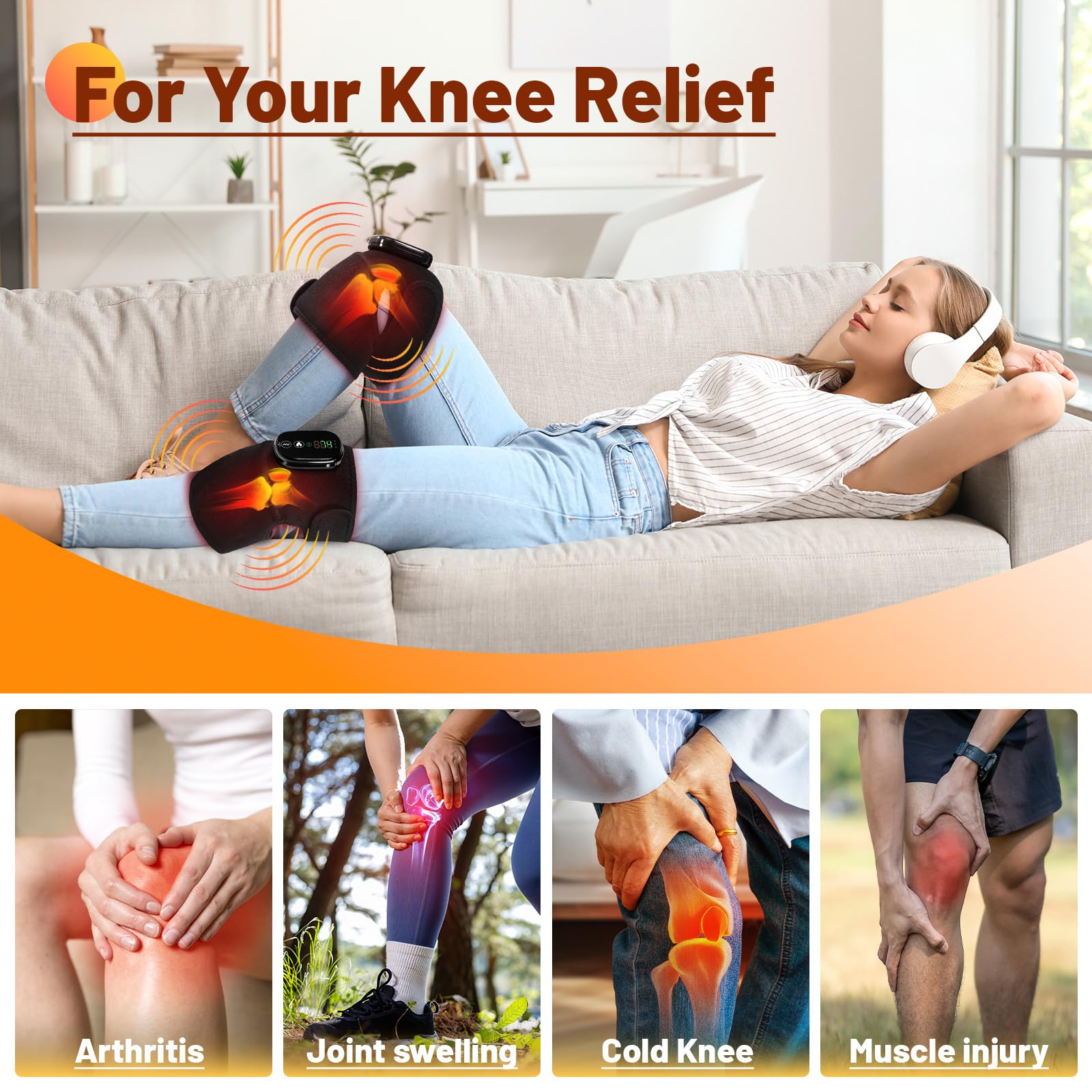 LANGSKIP'S Kniemassagegerät mit Wärme und Vibration, 3-in-1-Heizkissen für Schulter- und Ellenbogen, schnurlose, wiederaufladbare Beinbandage zur Linderung von Knieschmerzen für Männer und Frauen