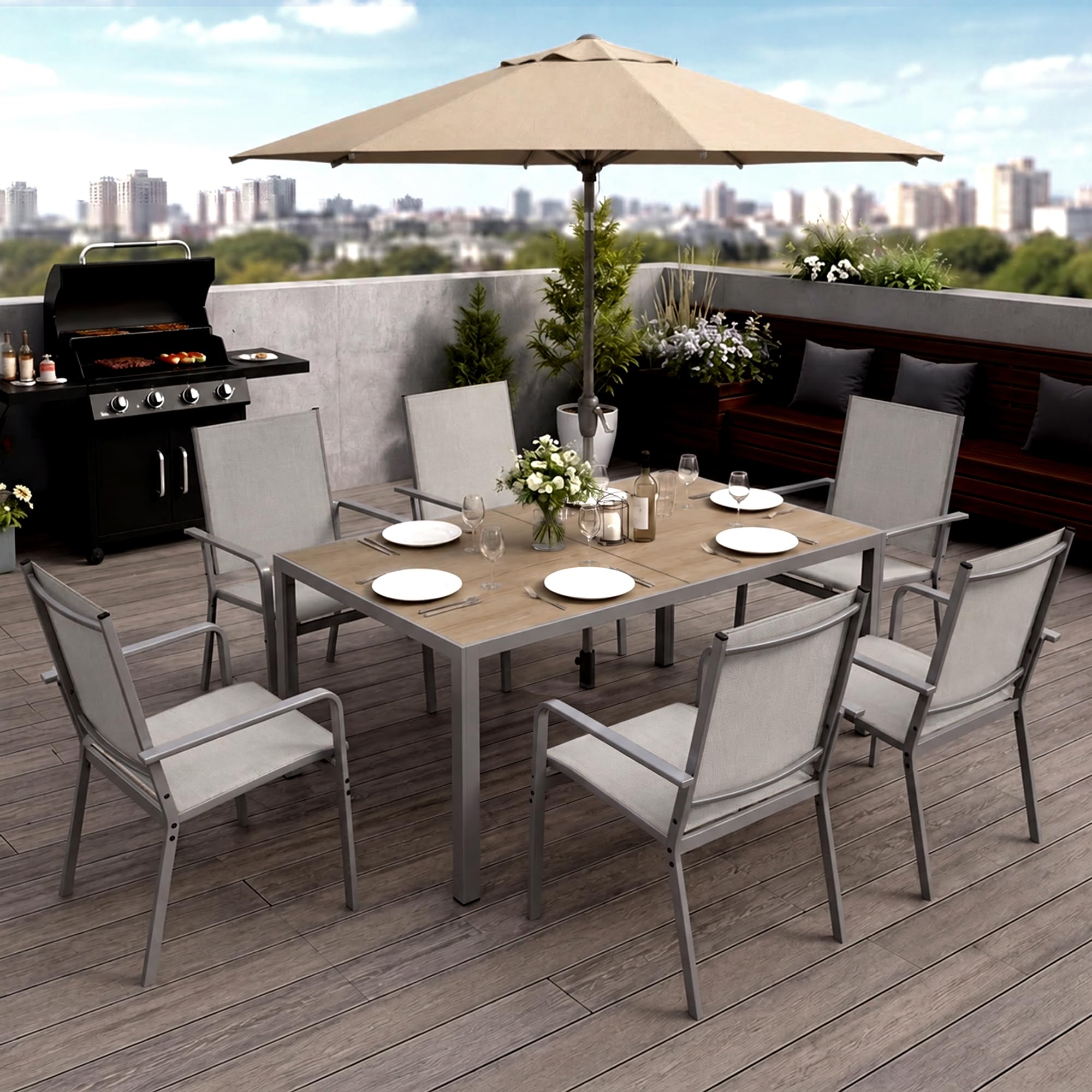 Xbro Gartenmöbel Set 6 Personen, 7-teiliges Gartenmöbel Set 6 Stühle mit Tisch, Gartentisch mit Stühlen Set, Terrassenmöbel Wetterfest, Stapelbare Textilene Gartenstühle für Garten, Balkon