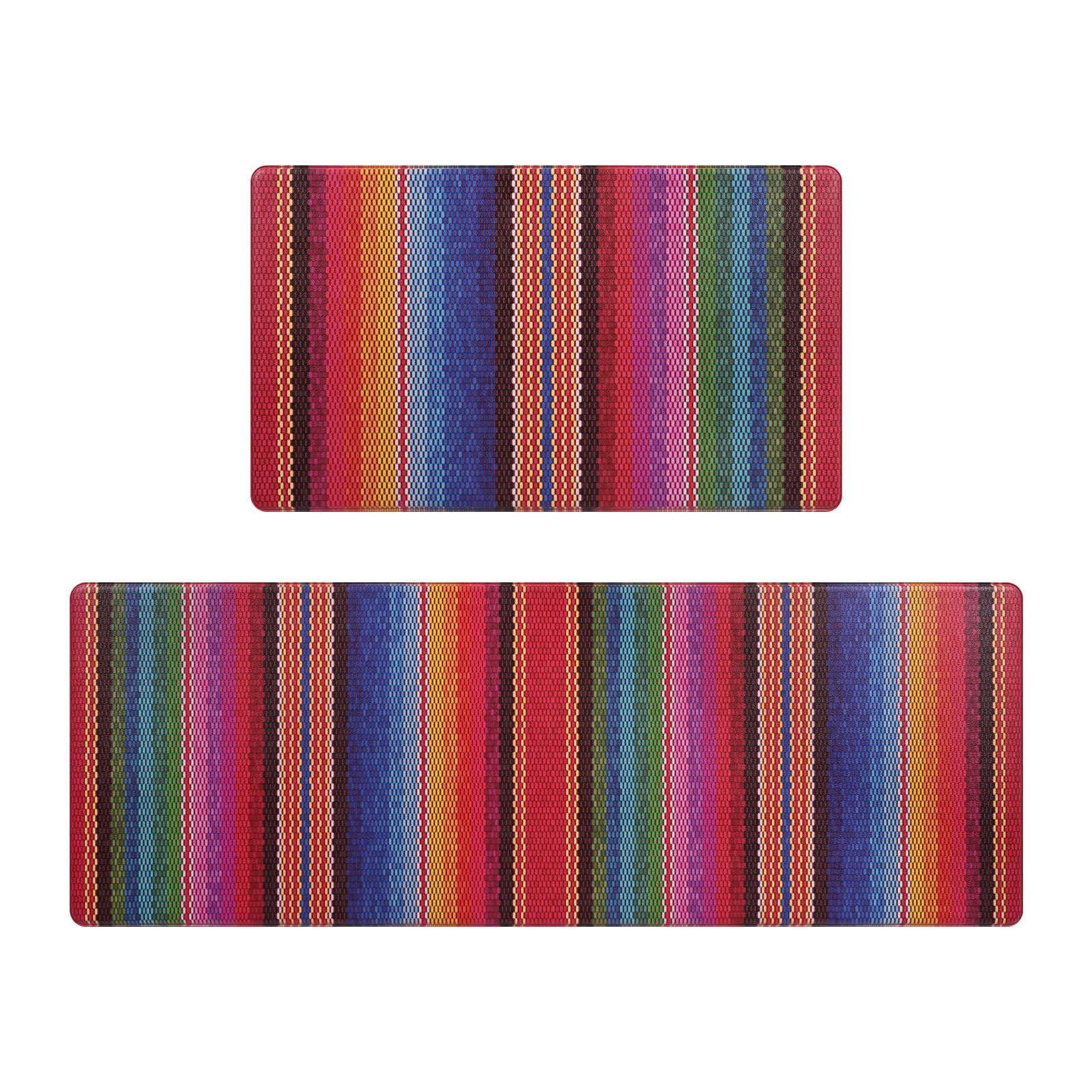 Striped Kitchen Rugs Set of 2, Cushioned Anti-Fatigue Kitchen Mats for Floor, Boho Rainbow Color Kitchen Mats, Non-Slip Waterproof Kitchen Floor Mat Washable for Kitchen, Home, Office, Laundry