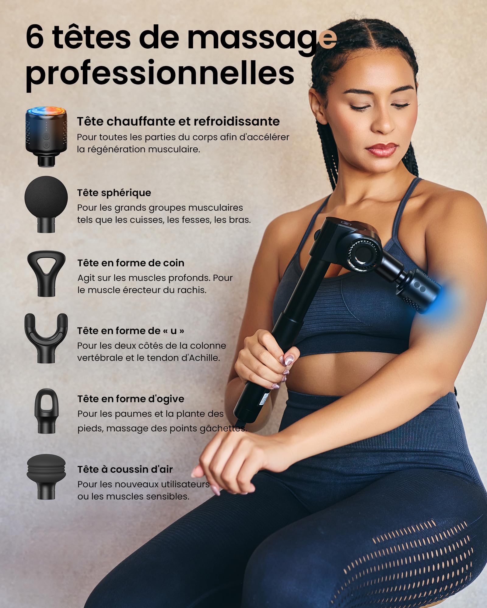 Pistolet de Massage Musculaire,Napre Pistolet de Massage avec Tête Chaude et Froide,Appareil de Massage Masseur de Muscle Profonds,32 Vitesses Dos Massage Gun,Pliable et 5 Angles,Poignée Extensible
