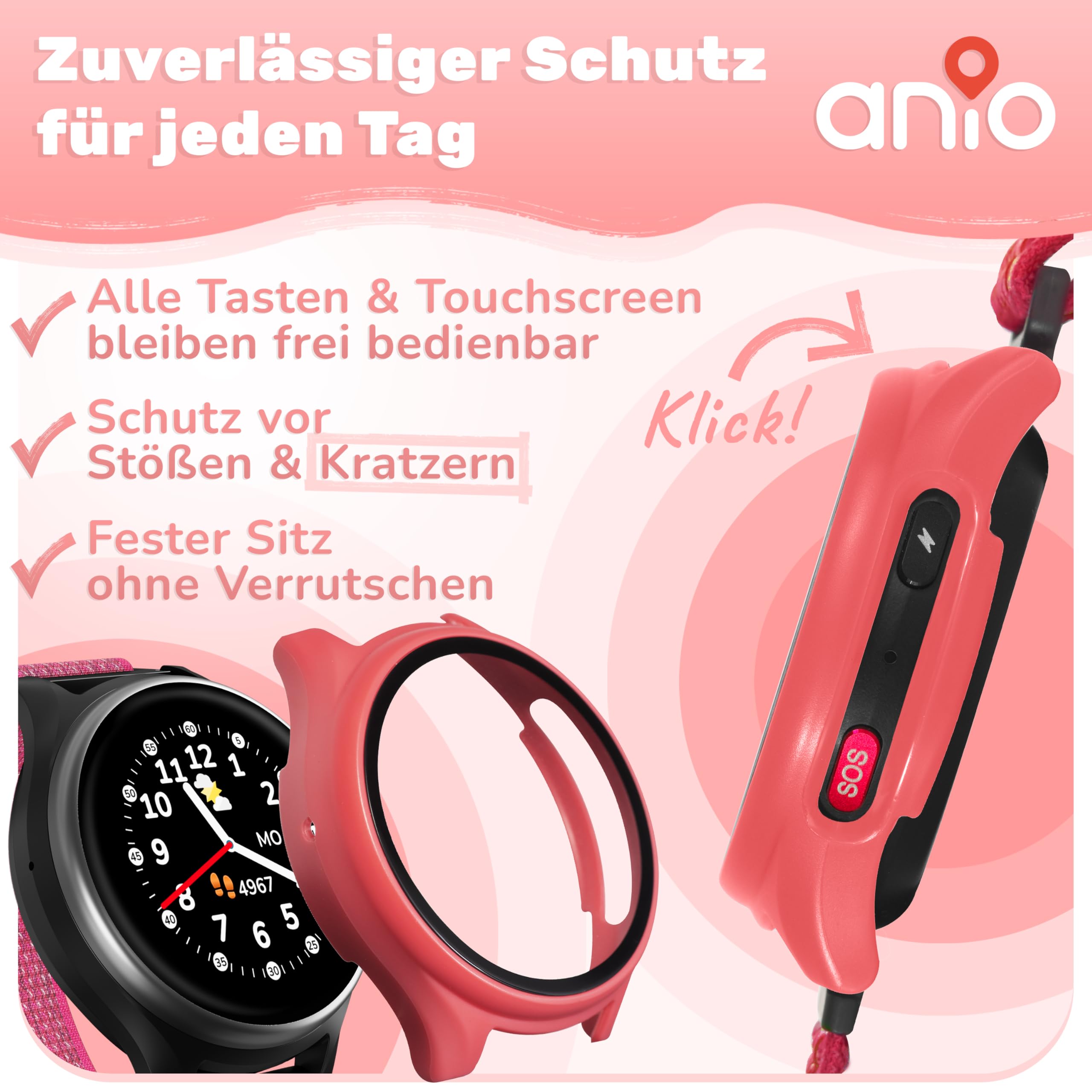 ANIO Protector Case 2.0 für Anio 6 Kinderuhr, Displayschutz vor Kratzern, Stößen & Beschädigungen, Schutzhülle, Cover zur Kinderleichten Montage, Volle Touchscreen-Funktionalität, Schwarz