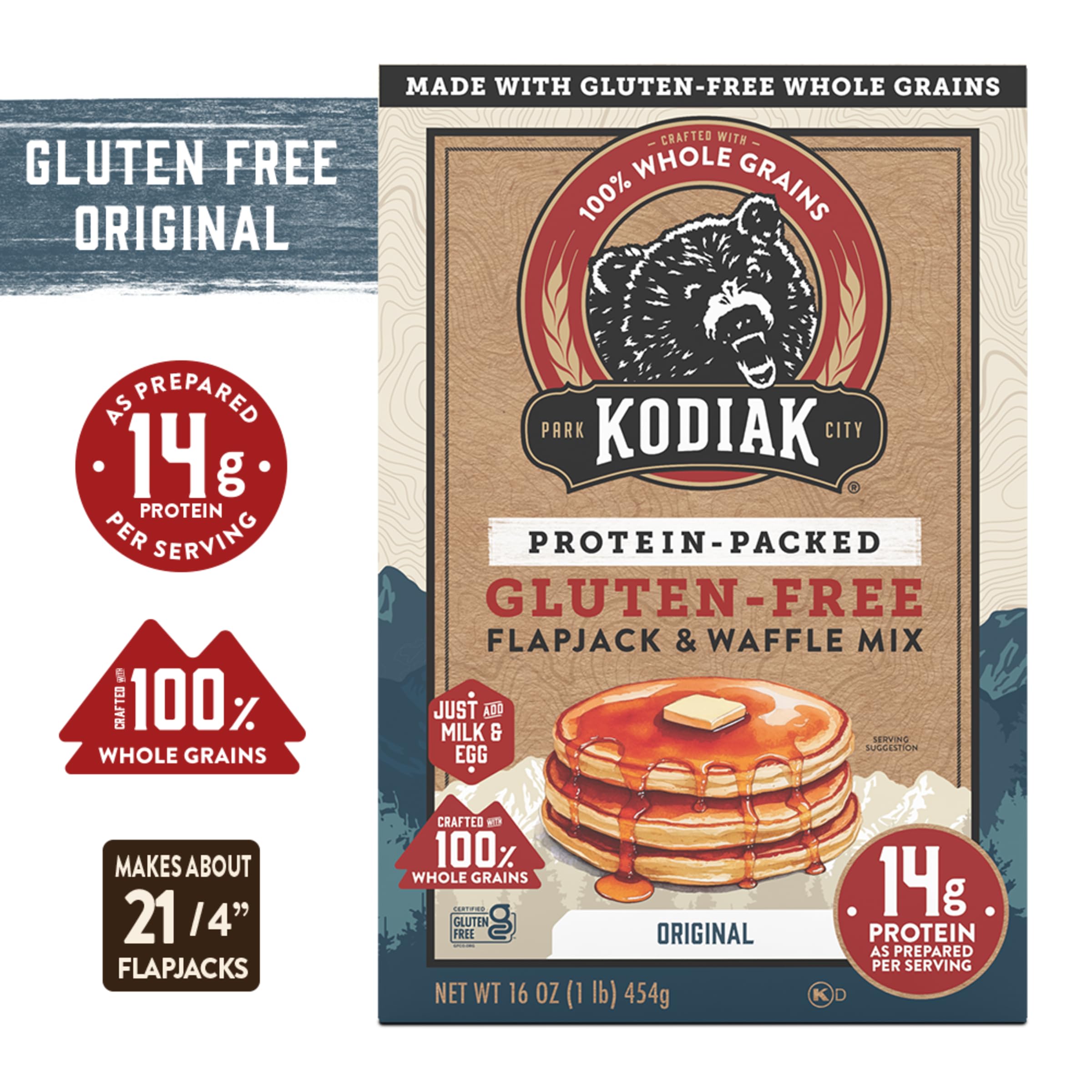 Kodiak Cakes Gluten Free Protein PancakeMix, Flapjack and Waffle, 16 Ounce (Pack of 6) - Frontier Oat