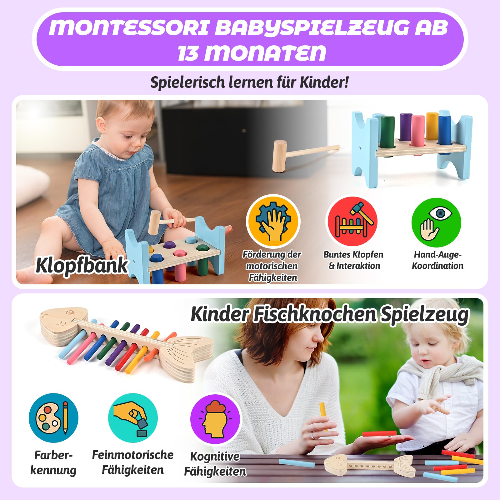 Wooderma Montessori giocattolo in legno a partire da 1 anno