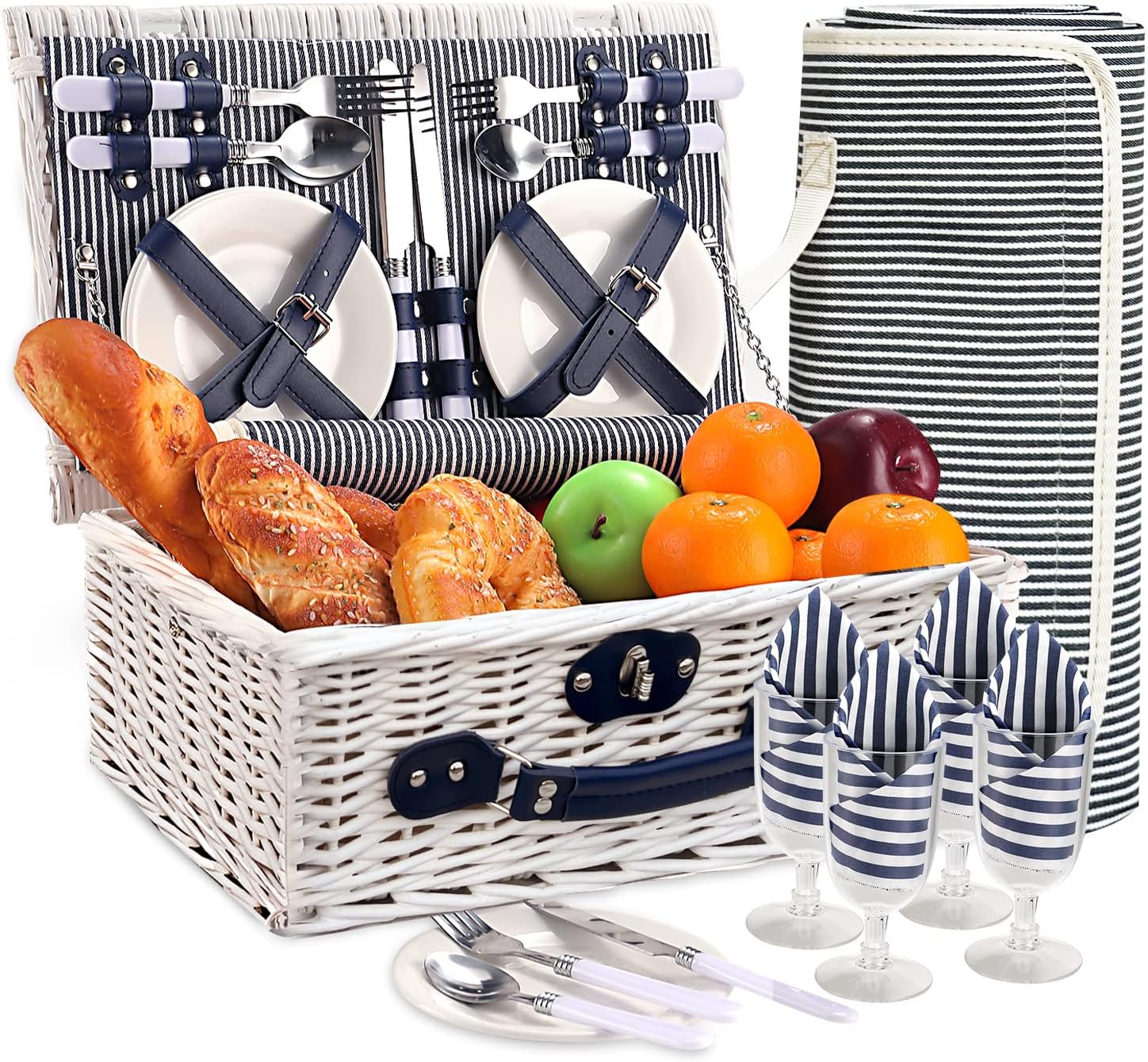 HYBDAMAI Willow Picnic Basket Set for 4 Persons with Waterproof Picnic Blanket, Wicker Picnic Basket for Camping, Outdoors, Valentine's Day, Christmas, Thanksgiving, Birthday : Patio, Lawn & Garden