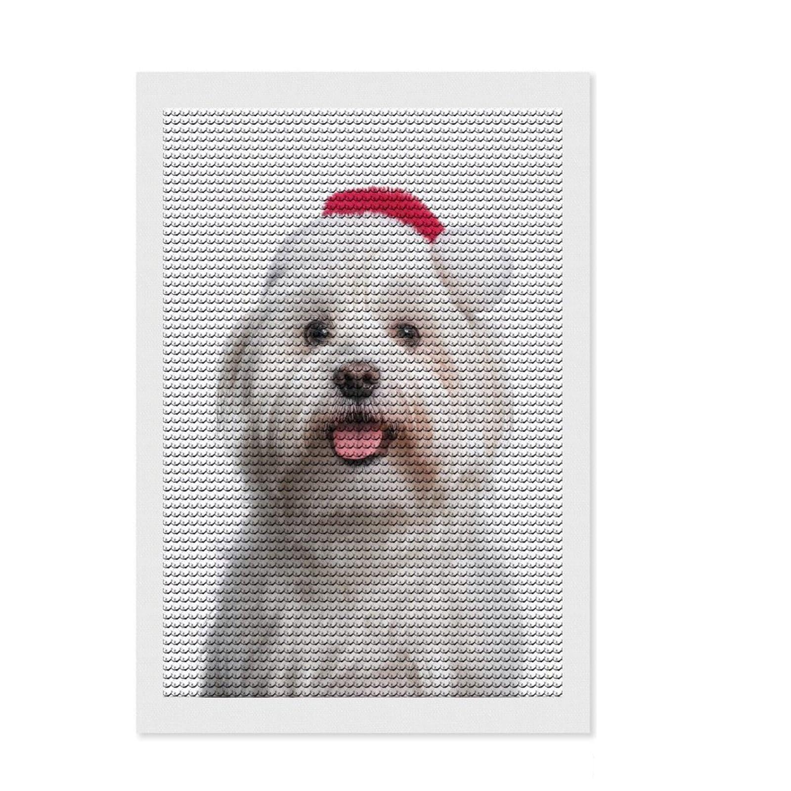 Junmoney Maltese Dog with Santa Hat Portrait DIY Diamond Art Canvas Kit 8"x12", Finish and Display, Satisfying Creative Project, Mindful Craft Activity