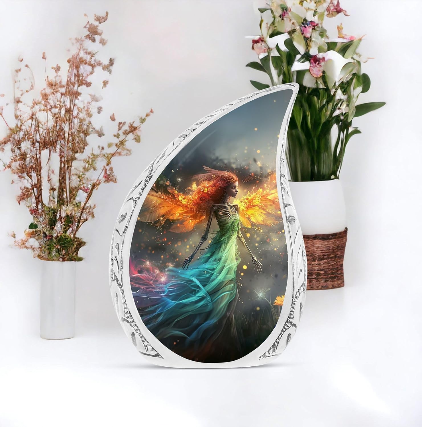 Phoenix Fairy Large Aluminum Multicolor Urn for Adult Ashes, 10 Inches, The Dance of the Phoenix Fairy Pattern, Decorative Urn