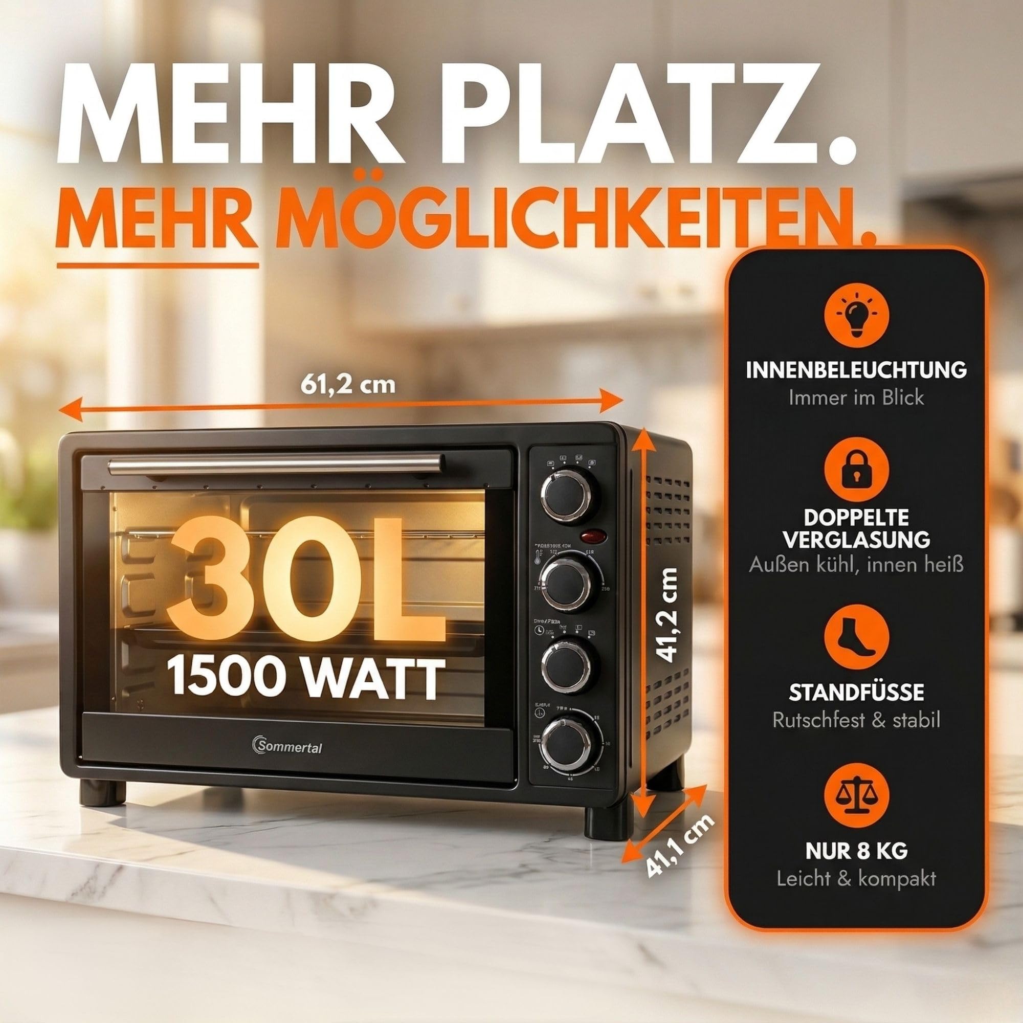 Sommertal Mini four 30 l avec tournebroche et chaleur tournante, 1500 W, 100 à 230 °C, minuterie 60 min, mini four, petit four pour cuire, griller et pizza, four de camping avec accessoires