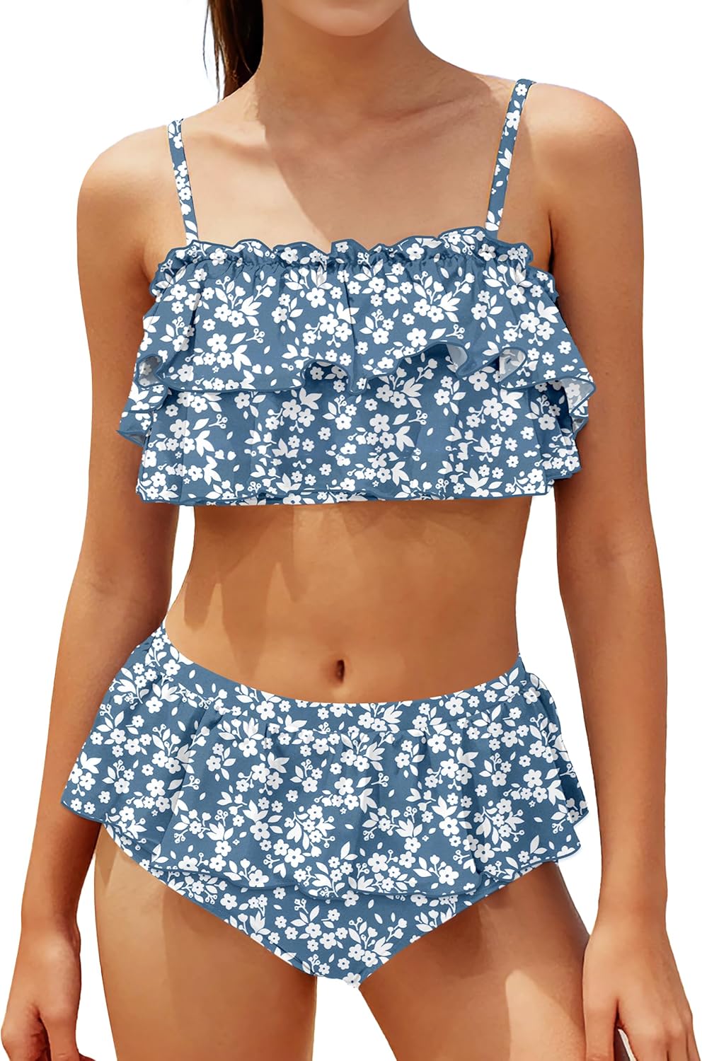 NAPU Girls Swimsuit Ruffled 2 Piece Bikini Set Girls Bathing Suit Tiered Swimsuits Adjustable Straps Beach Swimwear 9-16Y