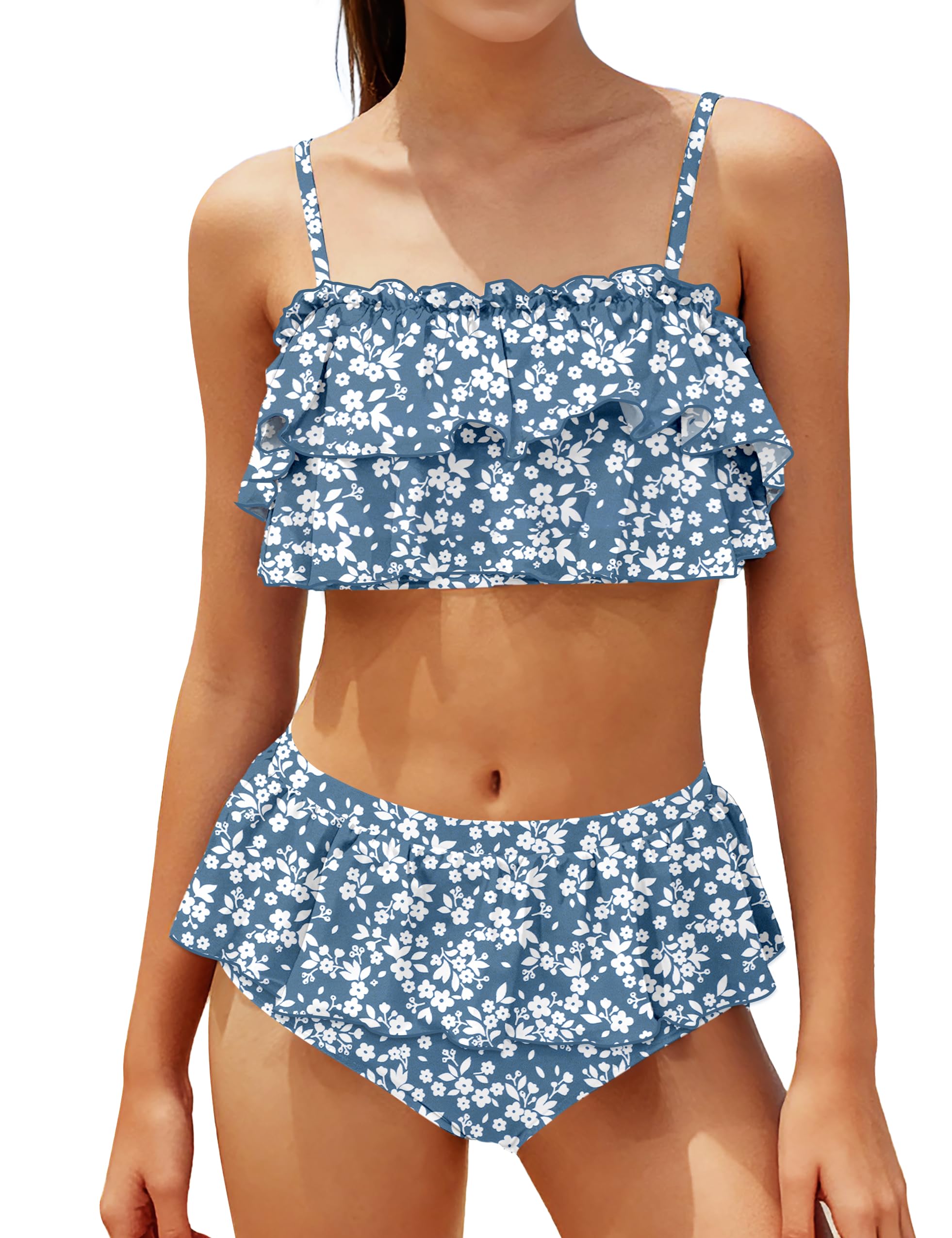 NAPU Girls Swimsuit Color Block Tankini Swimsuit Quick Dry 2 Piece Bathing Suit for Girls 9-16 Years Teens Swimwear Summer