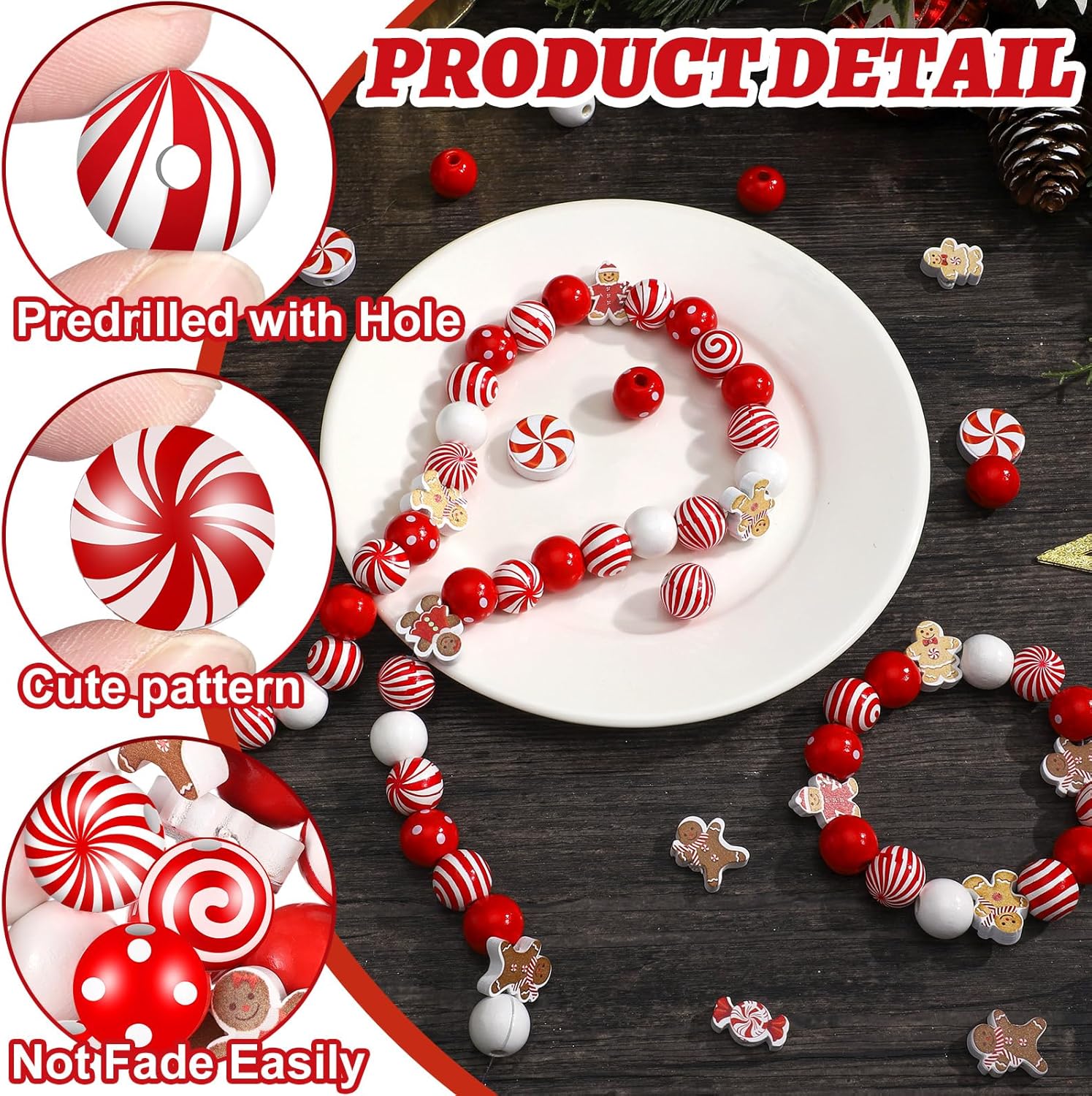 Misdary 200 Pcs Christmas Beads for Crafts Wooden Christmas Beads Red and White Peppermint Candy Gingerbread for Jewelry Making Holiday DIY Garland Party Tree Hanging Home - Image 3