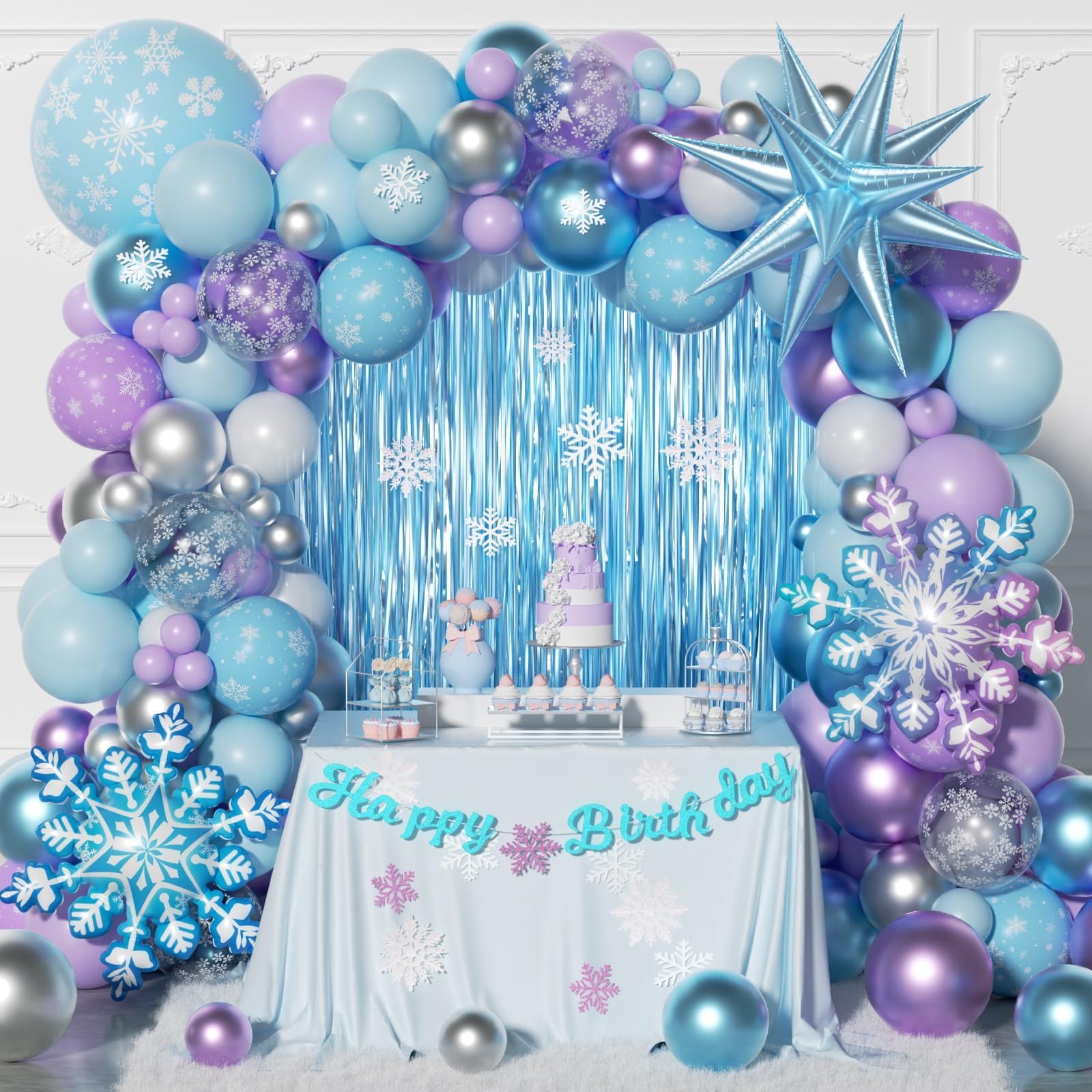 212pcs Frozen Balloon Arch Garland Kit, Blue Purple White Balloons with Fringe Curtain Snowflake Balloons Birthday Banner for Winter Wonderland Girl's 3th 4th Frozen Birthday Party Decorations