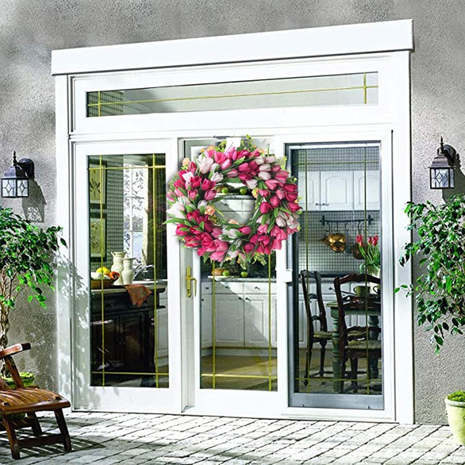 クリスマスリース 人工リース 装飾20インチ 人工チューリップリース、緑の葉 春のリース シミュレーションフラワードアガーランド 春