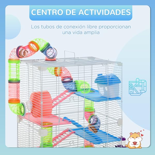 PawHut Jaula para Hámster de 5 Niveles, Casa para Roedores Pequeños con Túnel, Plataformas, Cuenco, Bebedero, Casita, Rampas y Rueda de Ejercicio, para Jerbos, 46x30x58 cm, Verde - 3