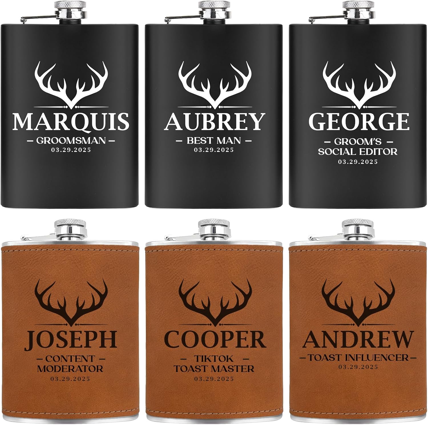 ELEGANTPARK Personalized Groomsmen Gifts for Wedding Custom Flask Monogram Groomsmen Proposal Gifts Bachelor Party Favor for Groom Best Man Stainless Steel 8 OZ Black Hip Flask for Liquor 1 PCS
