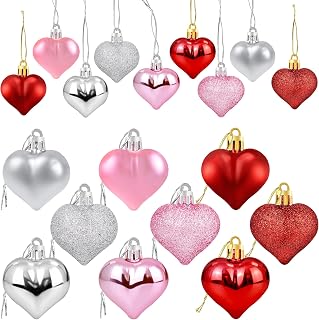 Partyprops 36Pcs Glitter Heart Ornaments - Red Pink Silver Valentine Hanging Baubles for Tree, Wedding, Christmas Decor