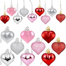 36Pcs Valentines Heart Shaped Ornaments - Valentines Heart Decorations - Red Pink Silver Glitter Heart Shaped Baubles - Romantic Christmas Valentines Tree Hanging Decorations