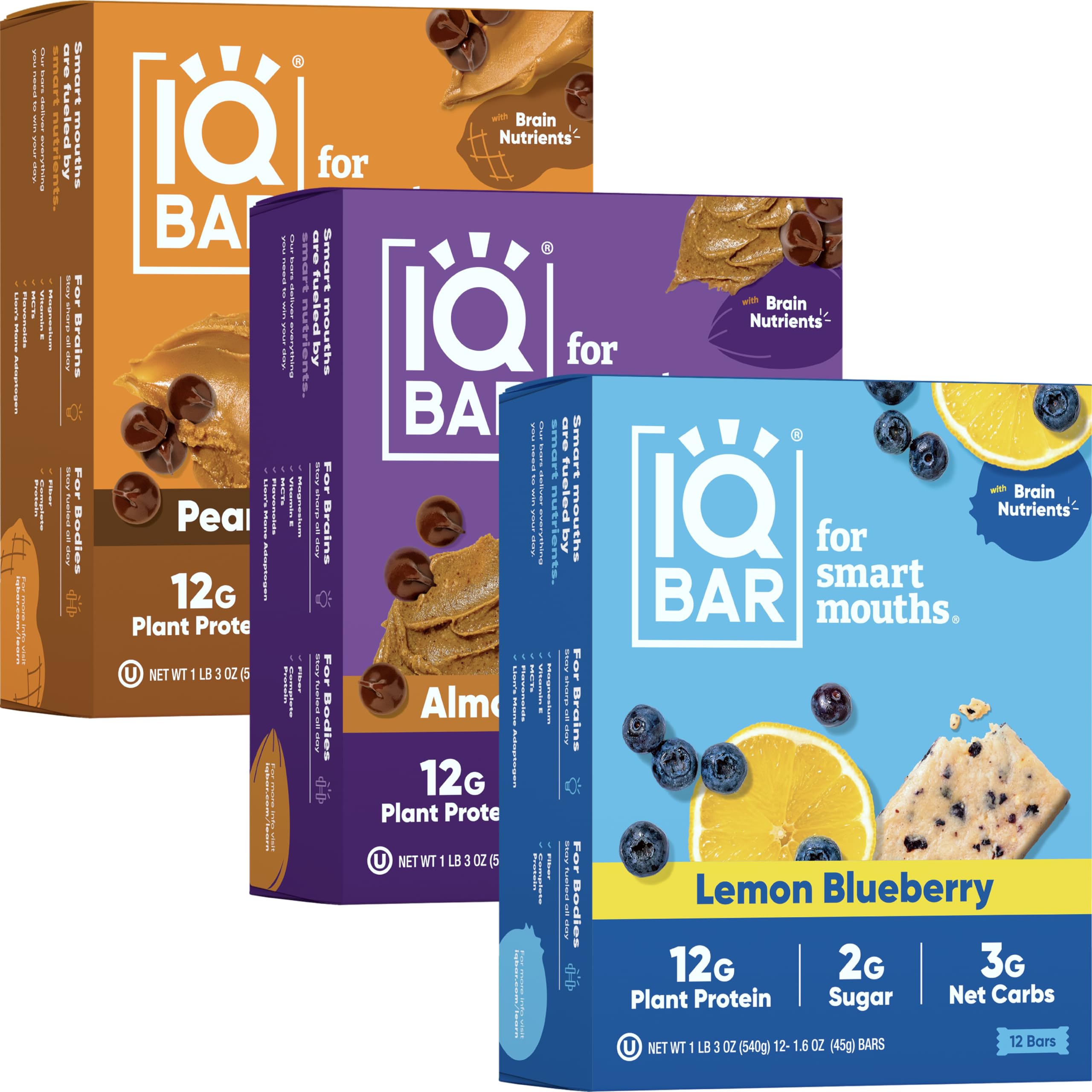 Brain and Body Keto Protein Bars 12-Count Almond Butter Chip, Peanut Butter Chip & Lemon Blueberry Keto Bars - Low Carb Protein Bars, High-Fiber Vegan Bars, Low Sugar Meal Replacement Bars