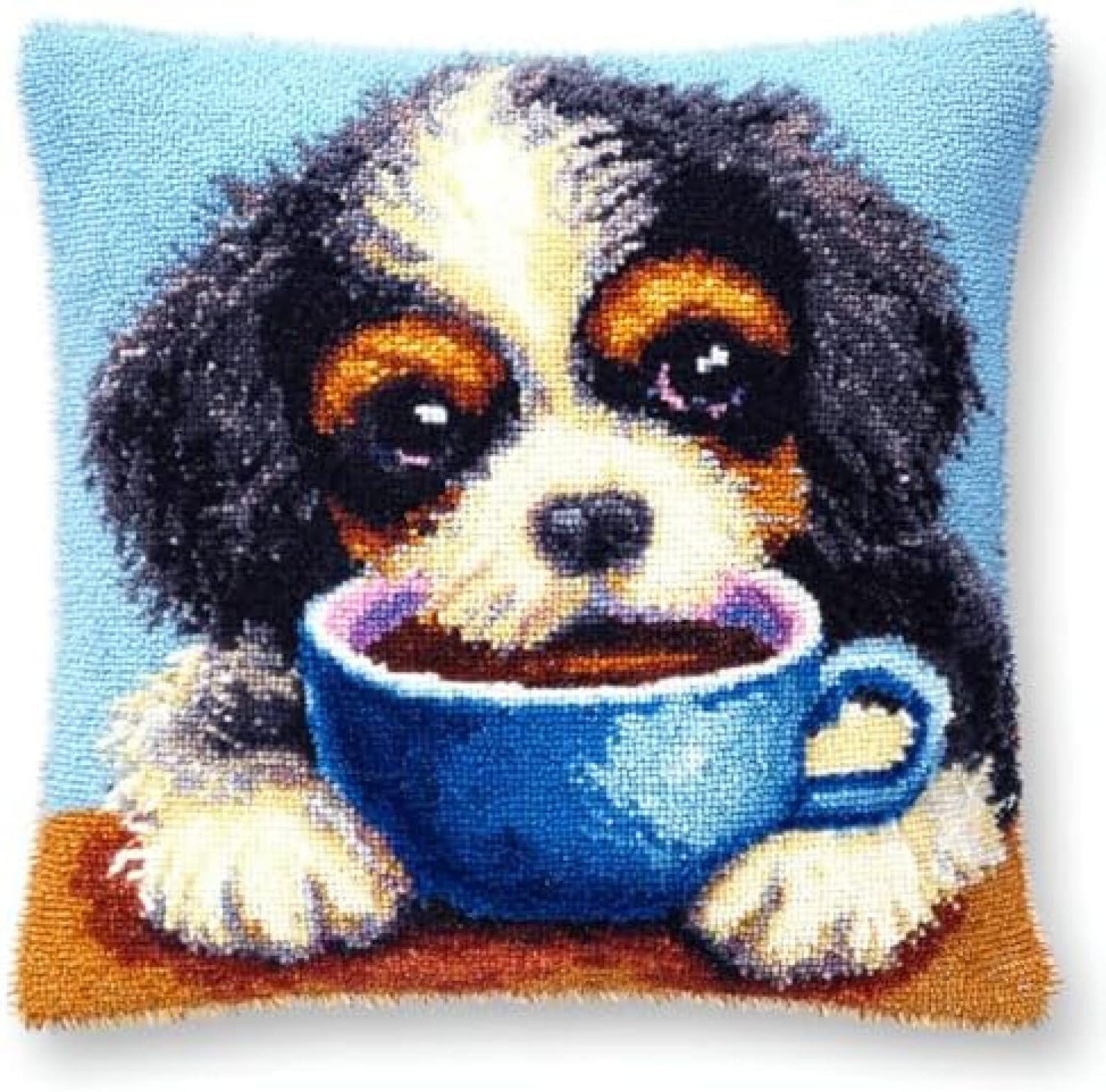 kitphoenix DIY Latch Hook Kit,Cushion Cover Making Set for Adults with Yarn,Cavalier King Charles Dog Drink Coffee,Hook and Pre-Printed Canvas,43x43 cm
