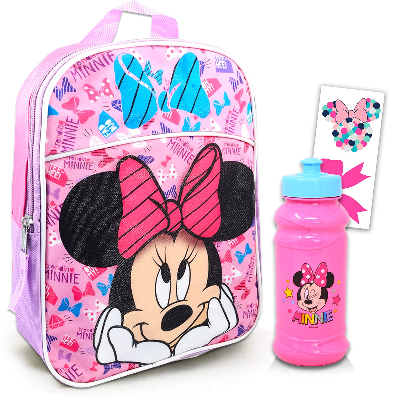 Disney Minnie Mouse Mini Backpack For Girls, Kids ~ 3 Pc Bundle With 12" Minnie School Bag, Water Pouch, Stickers, and More (Minnie Mouse School Supplies Set), Minnie Mouse Backpack for Toddler Girls, minnie mouse school backpack, Minnie Travel Set