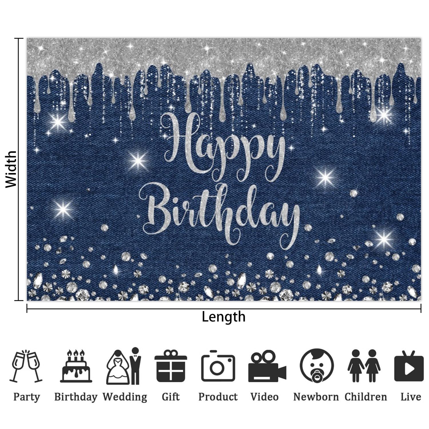Leowefowa Baner "Happy Birthday", 2,4 x 1,2 m, winylowe, niebieskie, dżinsy, diamentowa kropla, na sesję zdjęciową, srebrne tło obrazowe dla dziewcząt, przyjęcie urodzinowe, baner, materiały
