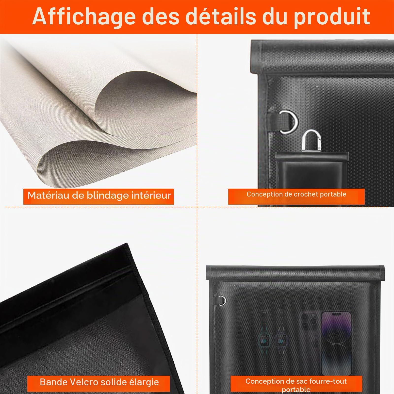 Sacs Faraday, grande cage Faraday antivol anti-suivi, sac blocage de signal RFID EMP, sacs Faraday pour protection de porte-clés pour téléphones/ordinateurs portables/tablettes/clés de