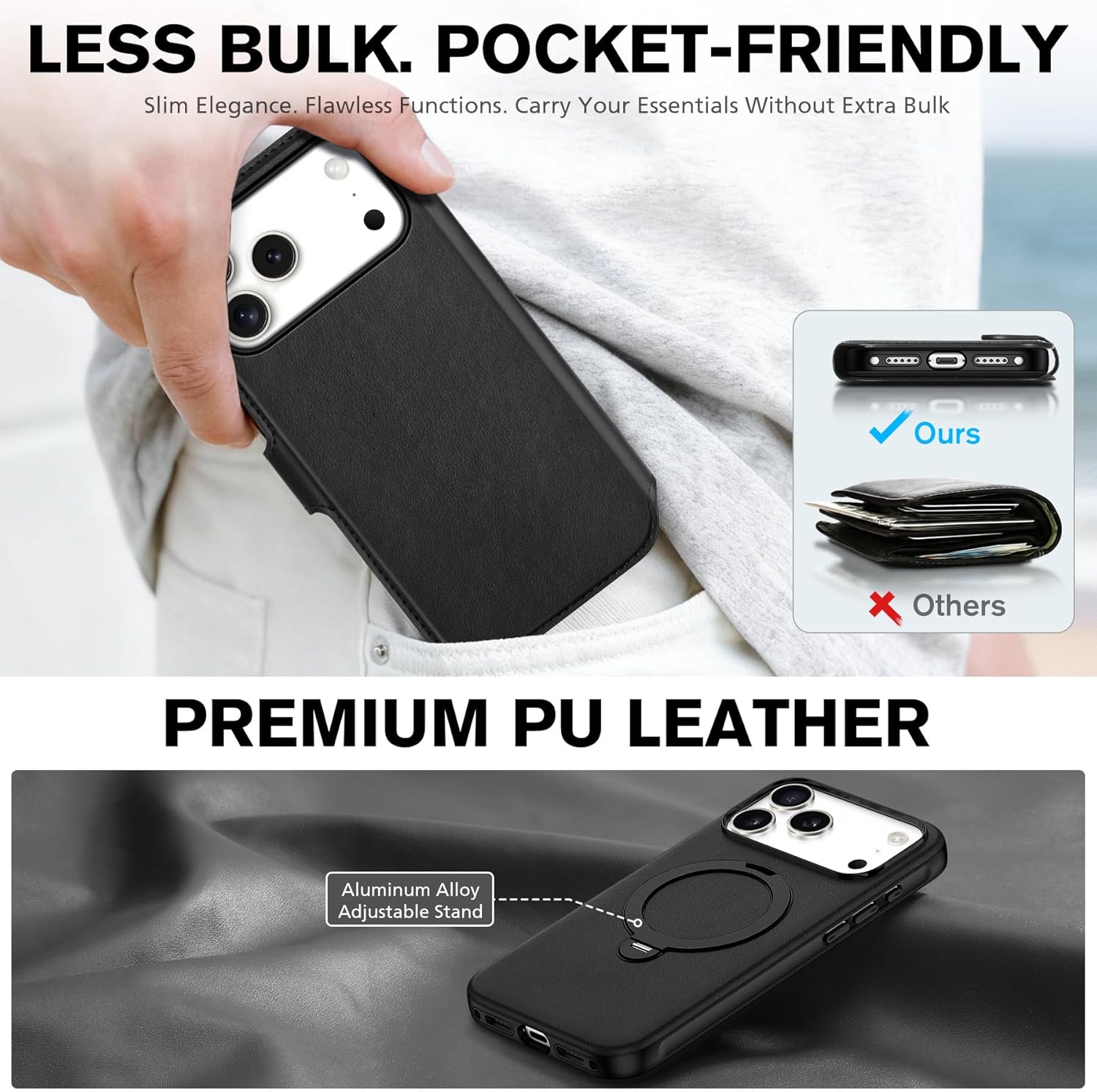 TUCCH Detachable Wallet Case for iPhone 17 Pro Max, Wireless Charging Adjustable 360° Rotation Ring Stand, RFID Blocking 3 Card Slots, 2-in-1 Magnetic Slim PU Leather Protective Cover 6.9" 2025, Black