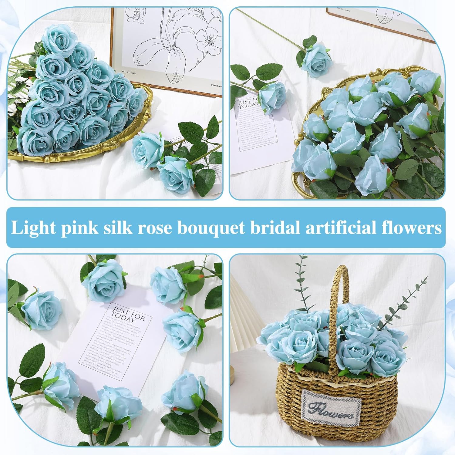 80 Pcs Roses Artificial Flowers, Silk Haze Blue Artificial Flowers Petals Long Stem Roses for Wedding Bouquet Home Party Decor - Image 4