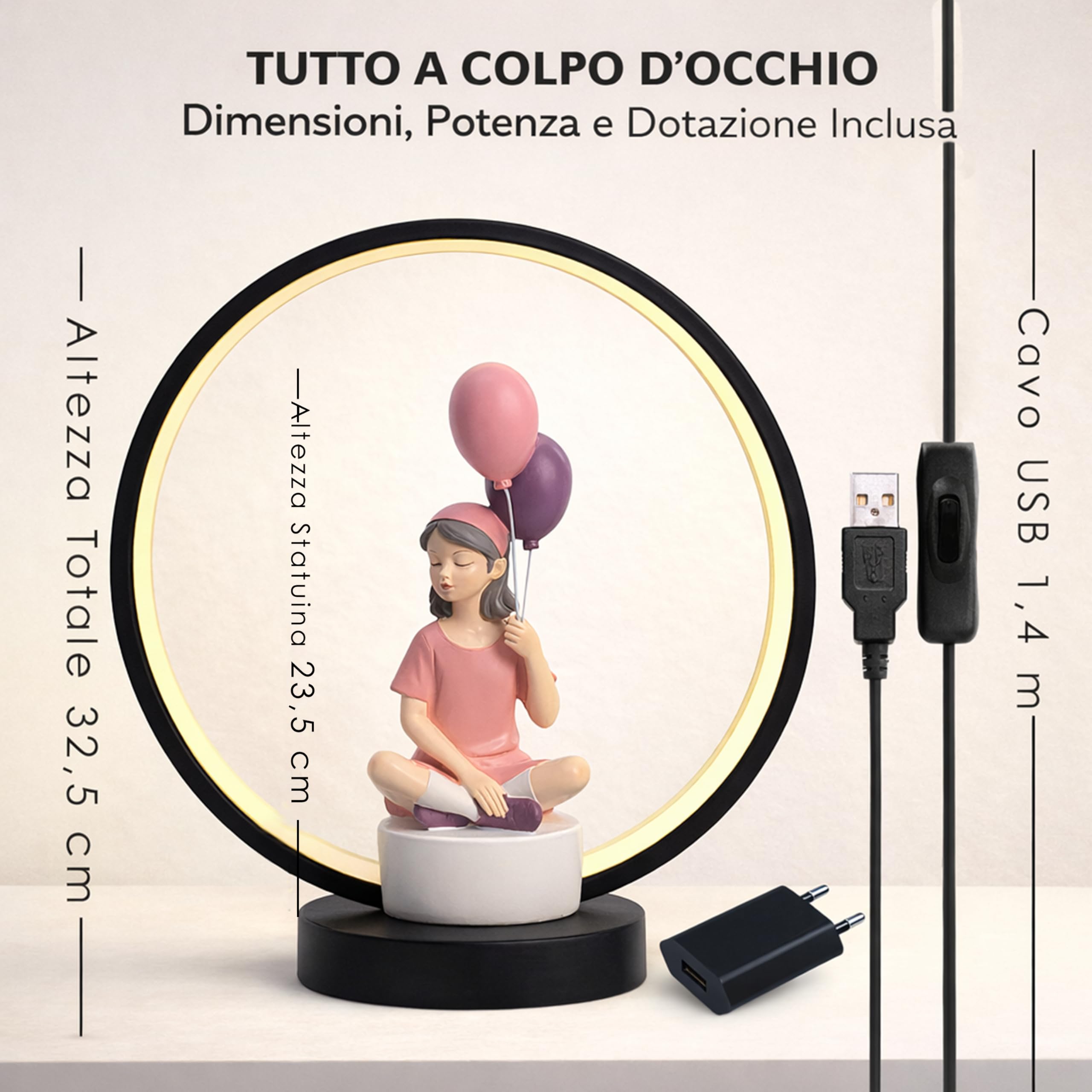 Lampada da Tavolo LED, Abatjour da Comodino USB con Statuina, Lampada Decorativa dal Design Moderno per Soggiorno, Salotto e Camera da Letto (Statuina con Palloncini)