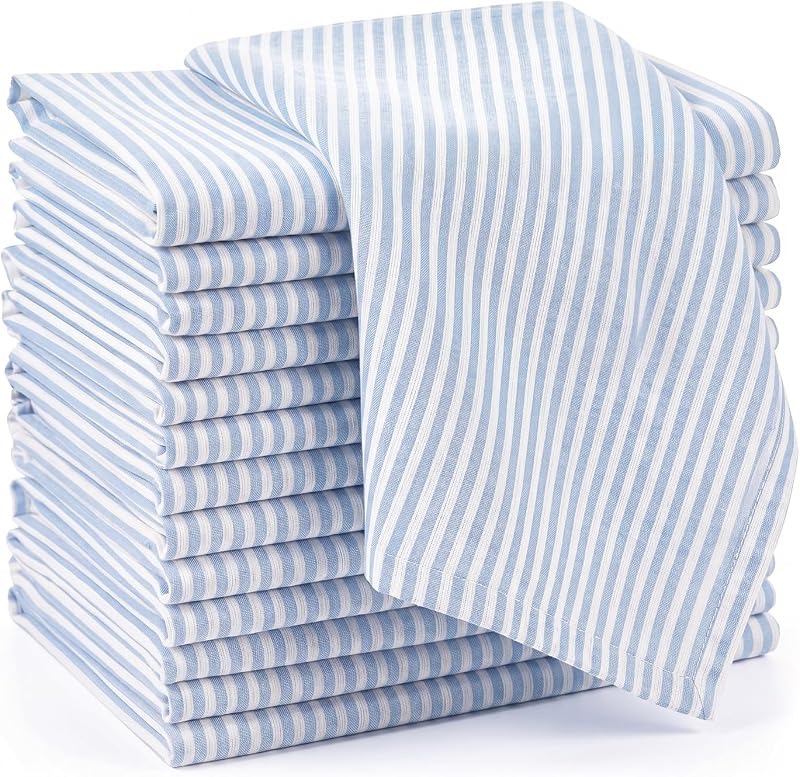 Set of 12 Blue Striped Linen Cotton Napkins Cloth Dinner Napkins 18 x 18 Inch Vintage Washable Reusable for Dinner Home Restaurant Wedding Decor