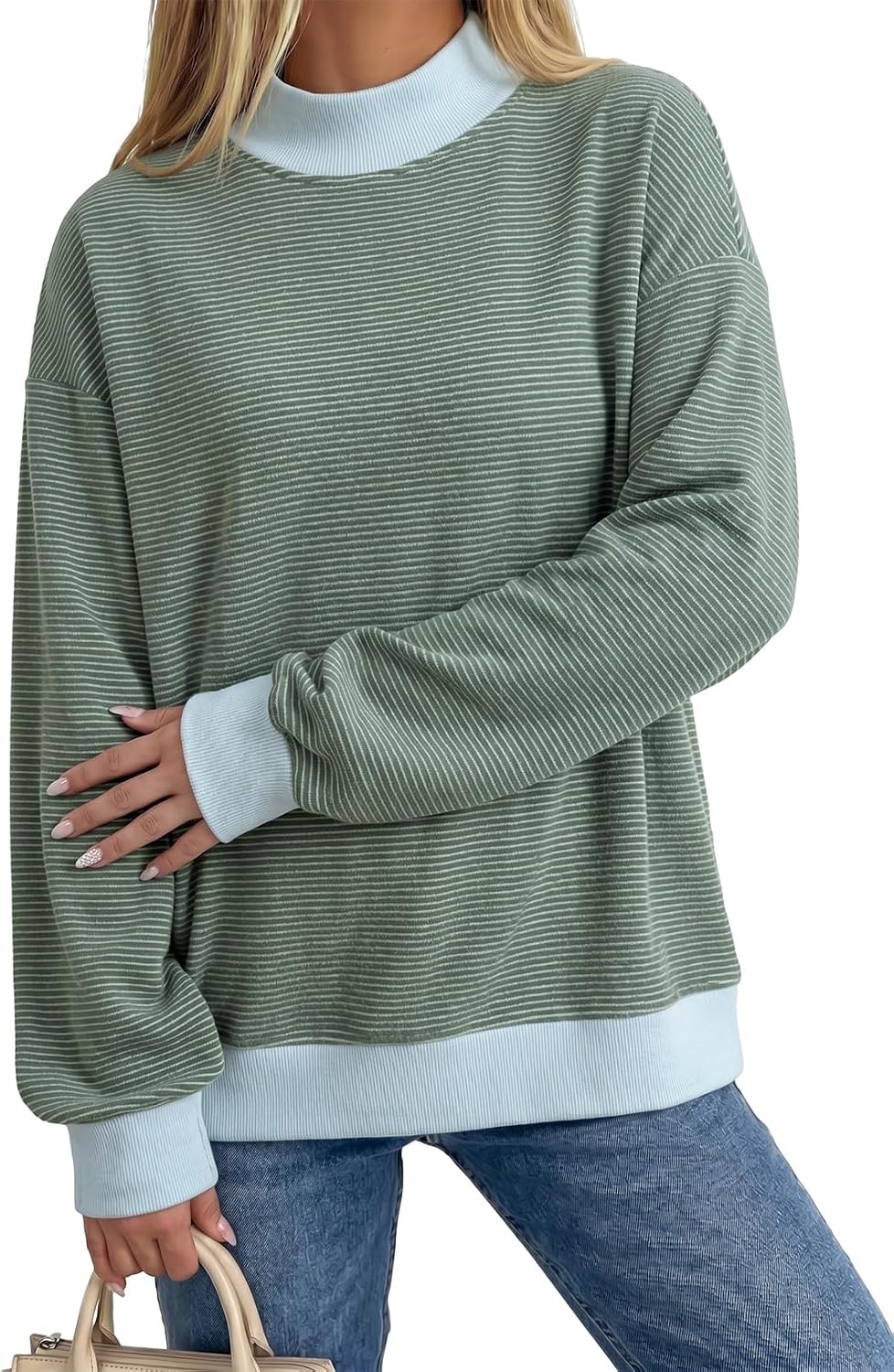 Dokotoo Striped Sweatshirt for Women Oversized Mock Neck Pullover Tops 2026 | Long Sleeve Sweatshirts, Soft Ribbed Trim Knit Material, Casual Fall Winter Fashion Clothes, Vacation Outfits