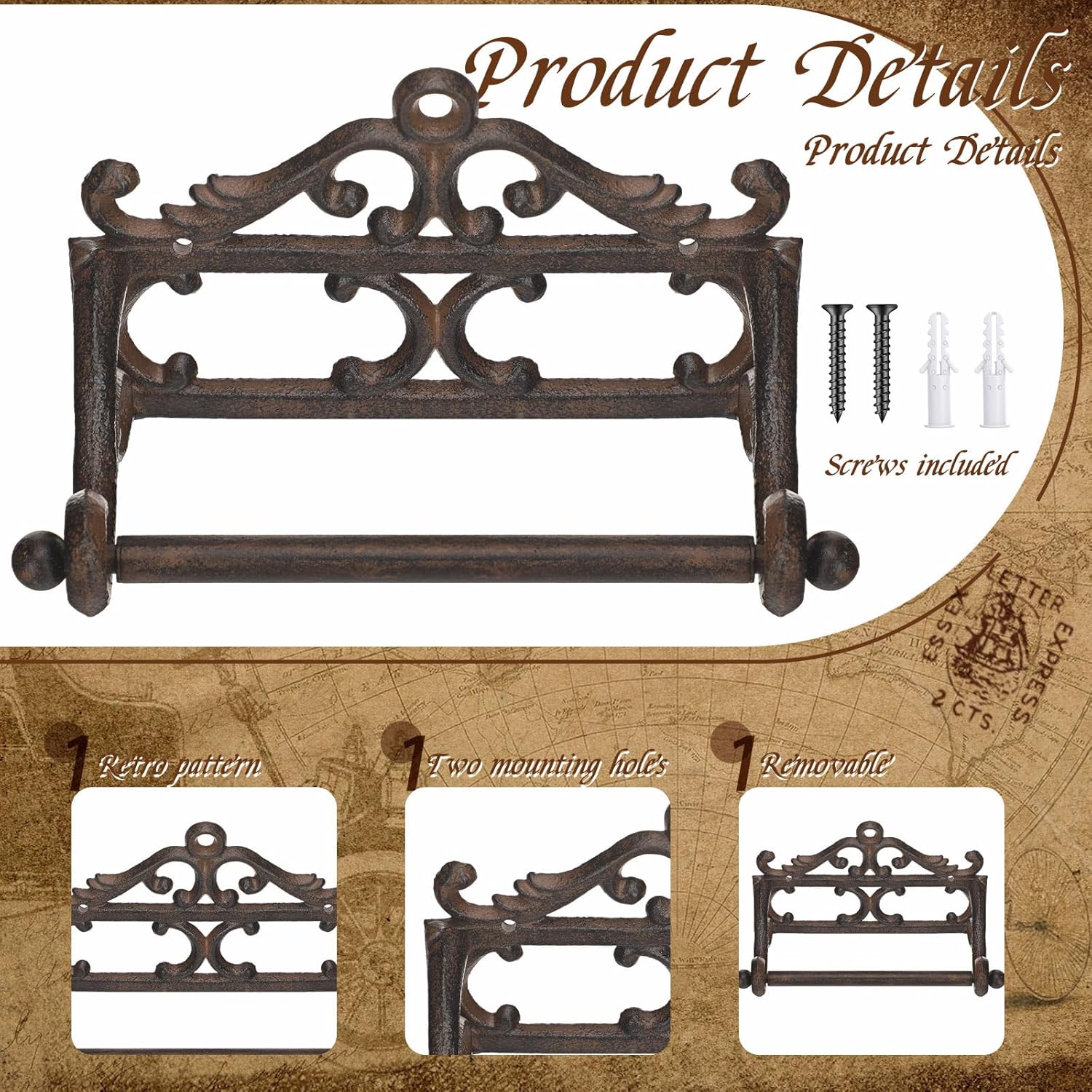 2pcs Vintage Iron Toilet Paper Roll Holder Cast Rustic Wall Tissue Holder Wall Mounted Roll Paper Decor for Kitchen and Bathroom European Vintage Design (Classic)