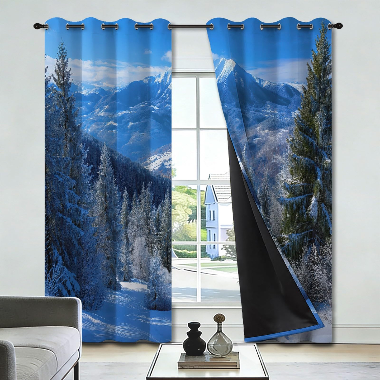 Zasłony zaciemniające z motywem górskiej góry śniegu, 140 l x 200 cm, dekoracja okienna salonu, sypialni, izolacja termiczna, 2 panele