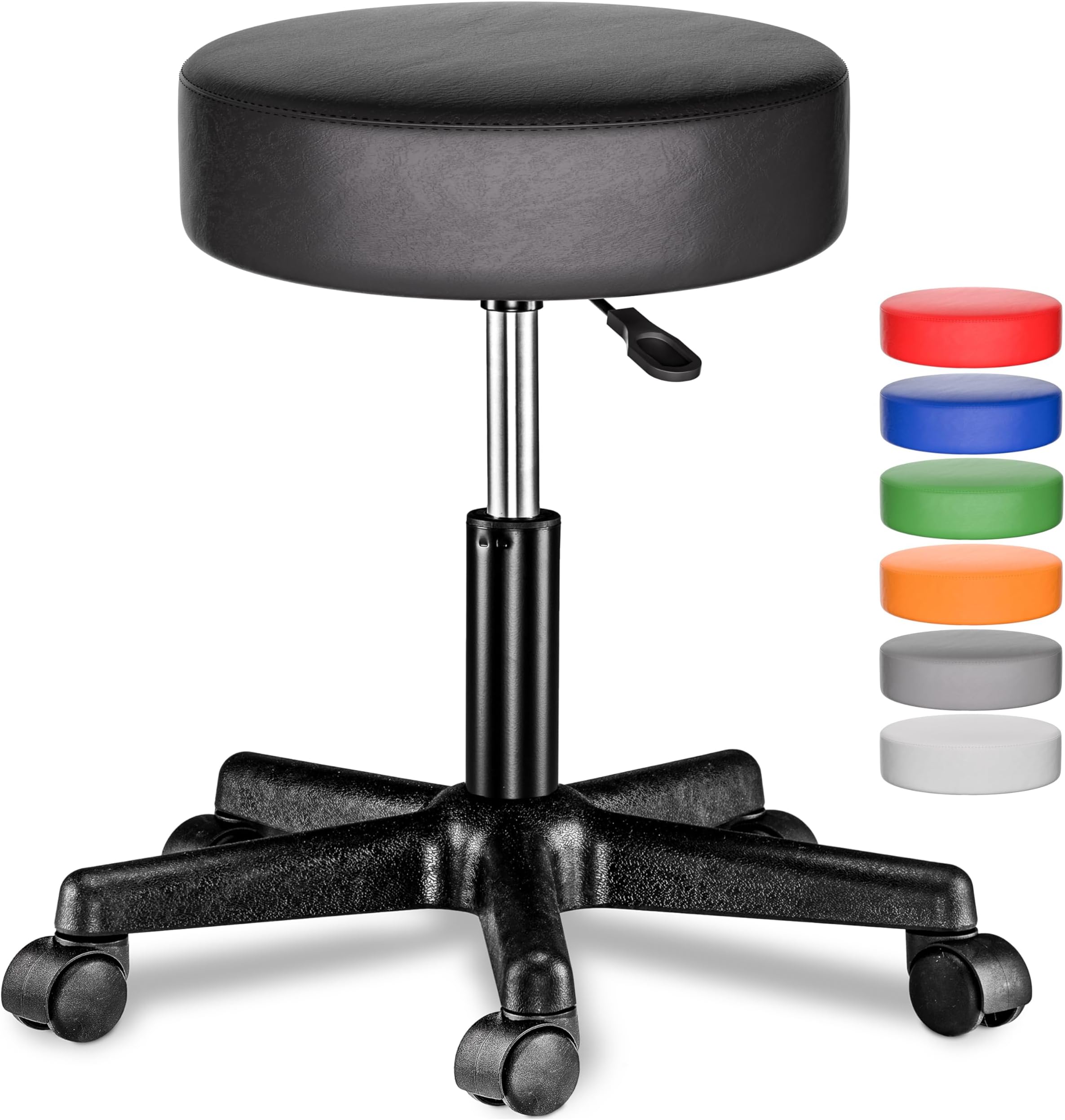 35cm Black Rolling Stool with Wheels | Height Adjustable | 360° Rotatable Padded Swivel Roll Chair | Double Castors | Comfortable Upholstered Seating | Office Workshop Salon