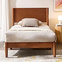 Vista 9 de AMERLIFE Marco de cama individual de madera maciza, cama de plataforma moderna de mediados de siglo con cabecera de panel completo, patas