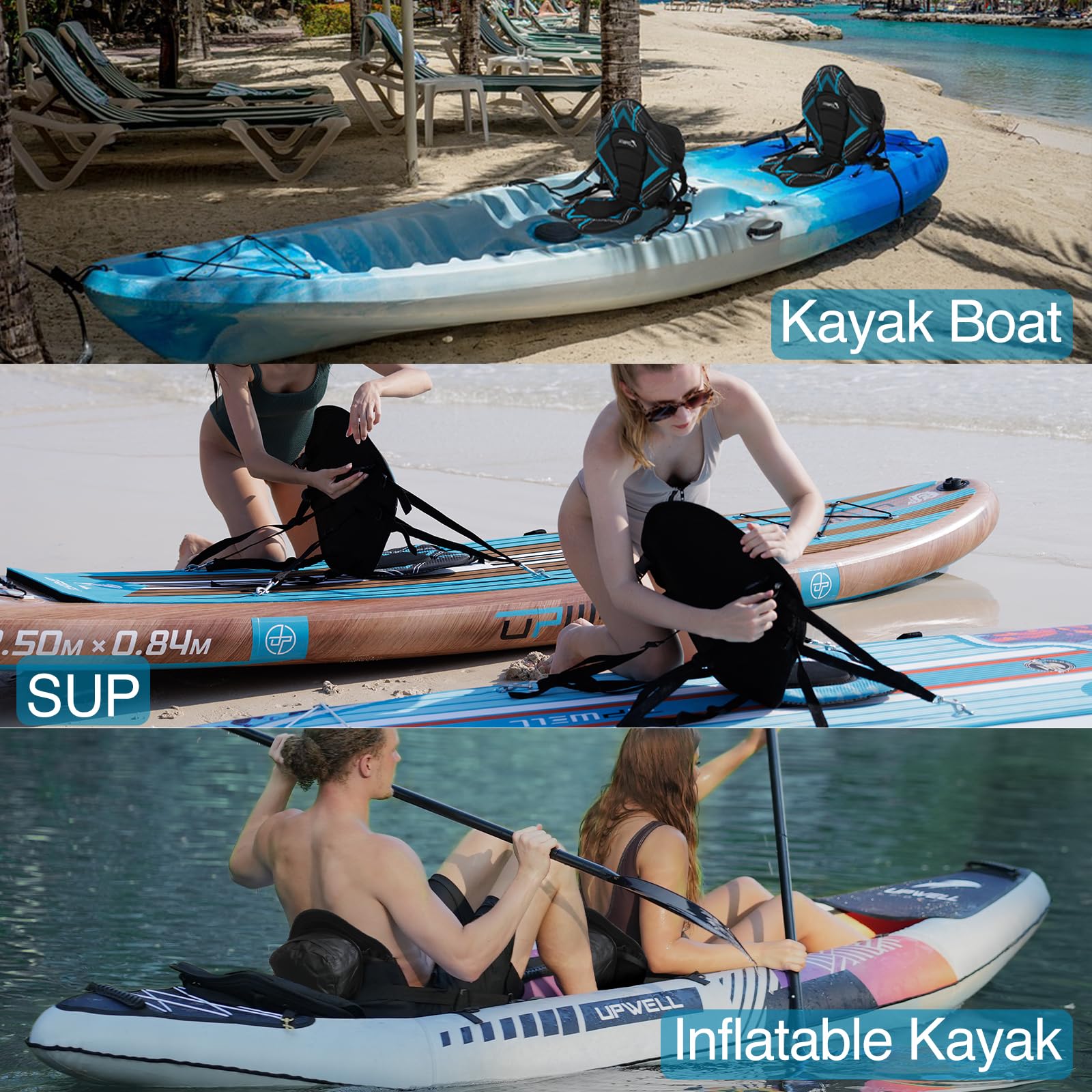UPWELL Kajaksitz mit Aufbewahrungstasche, Paddle Board Sitz mit Rückenstütze für Kajak, Kanu, Sup Kajak Zubehör, Blue Line