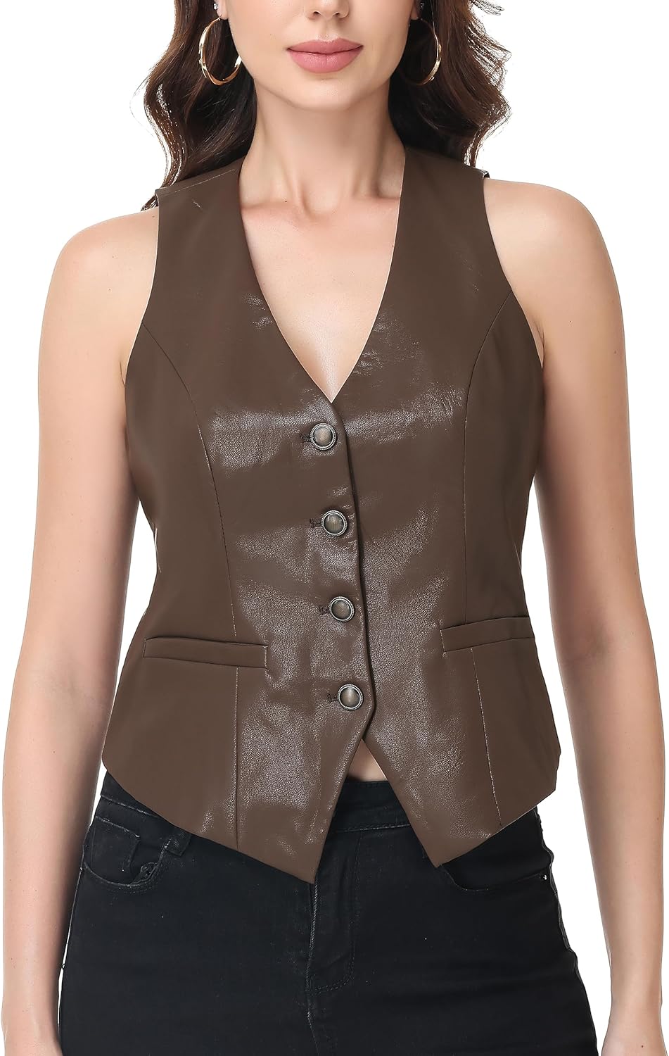 Women's PU Leather Vest Top Button Down V Neck Sleeveless Business Casual Jacket Vest Waistcoat