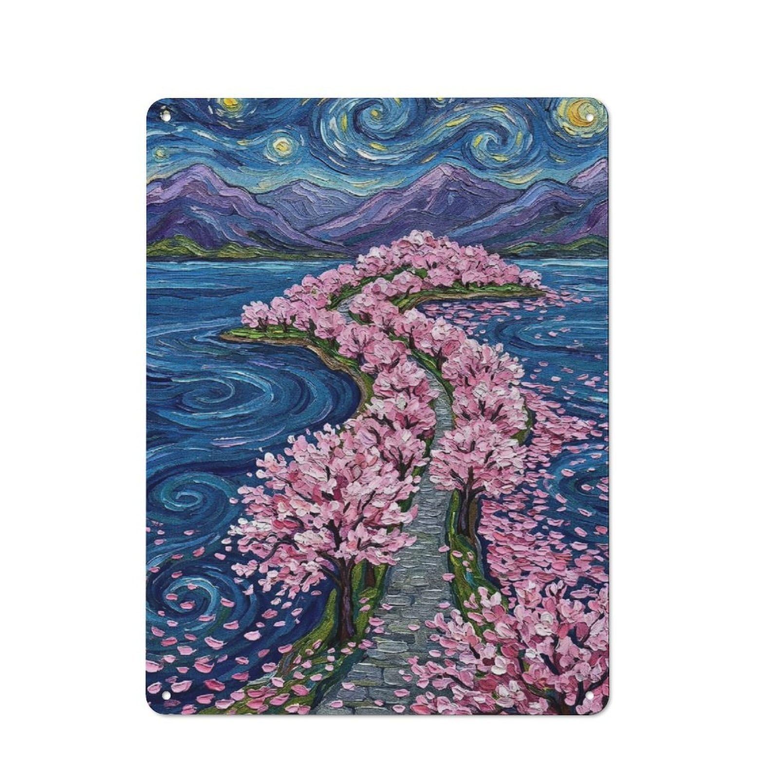 Junmoney Style-12 Vintage Cherry Blossom Path Under Starry Night Vintage Metal Sign 40X30cm, Restaurant Wall Art For Takeaway, Bar, Kitchen Or Counter Area