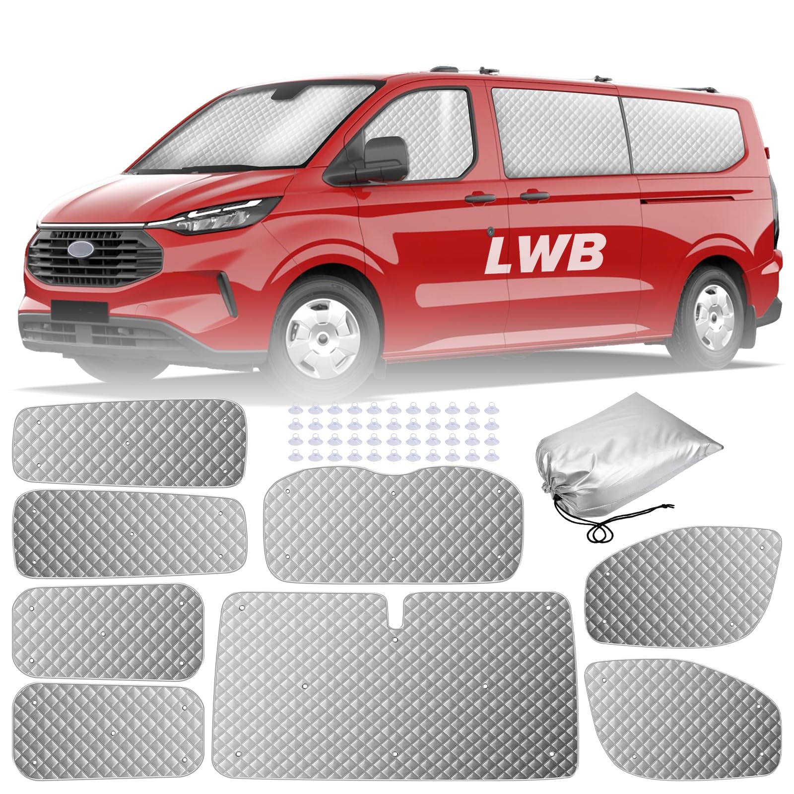 8 piezas de alfombrillas térmicas para cabina del conductor compatibles con Ford Transit Custom LWB, parasol interior del automóvil, cubierta de parabrisas, juego de persianas térmicas para
