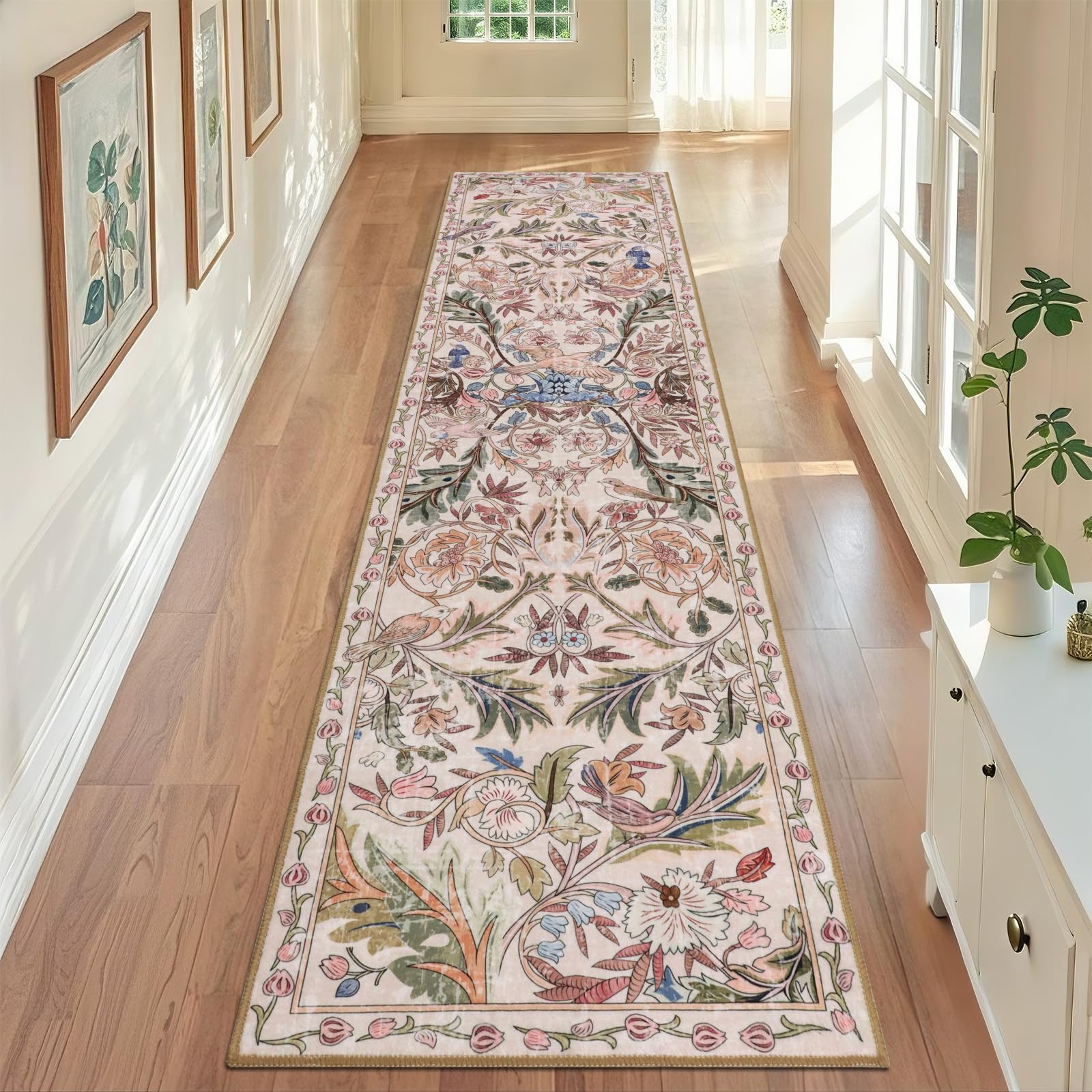 TUKDAK Pink Runner Rugs for Hallway 60x240cm, Birds Kitchen Carpet Runner with Non-Slip Rubber Backing, Washable Long Hall Carpet Floor Mat for Entryway Bedroom Laundry Living Room Non Shedding