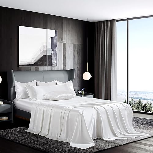 Miniatura 3 de Manyshofu Juego de sábanas de satén blanco puro de 7 piezas, ropa de cama de satén suave de lujo con 1 sábana bajera, 1 sábana encimera, 4 fundas de
