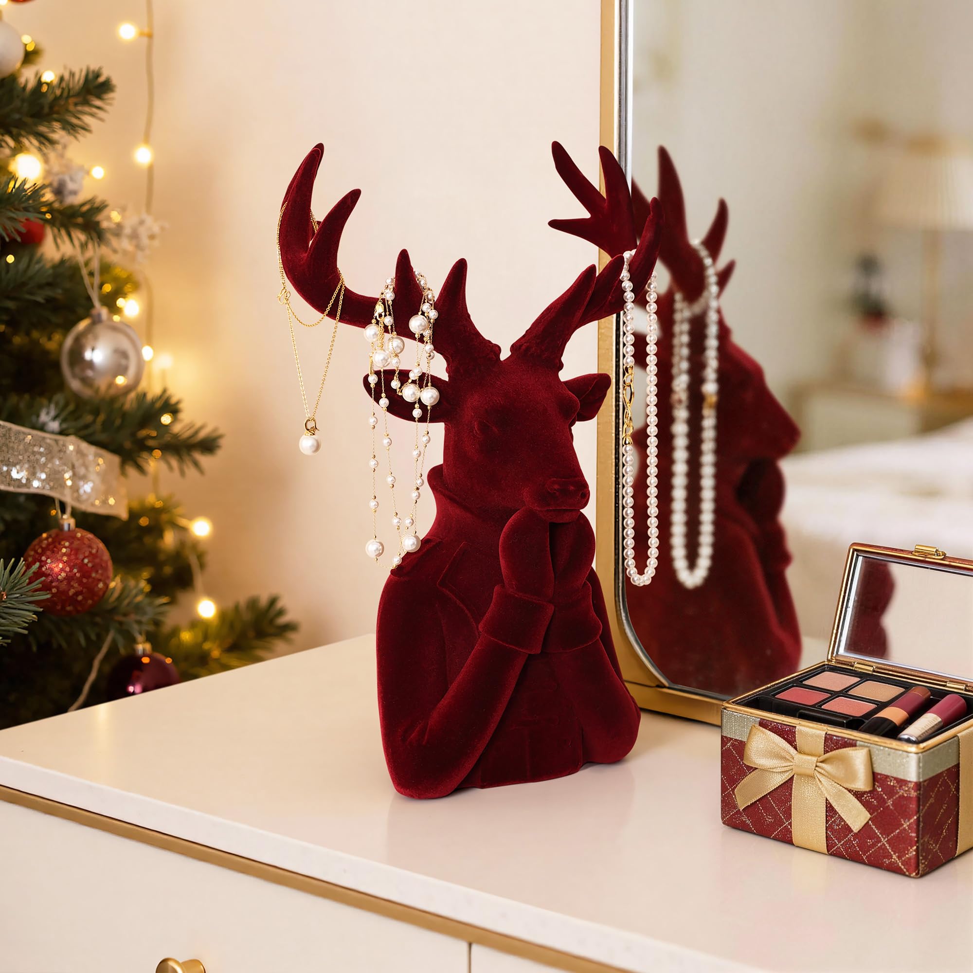 Hometopia Hirsch Deko Weihnachten 34 cm, Kunstharz Hirschkopf Rot | Eleganter Hirschkopf mit weicher Samtoptik, dekorativer Weihnachtsanhänger für Tisch, Regal und als Schmuckhalter