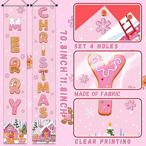 Miniatura 4 de Lenyunge Letrero de Navidad para porche de jengibre, suministros de Navidad rosa con la frase "Merry Christmas" para casa de jengibre, caramelos,