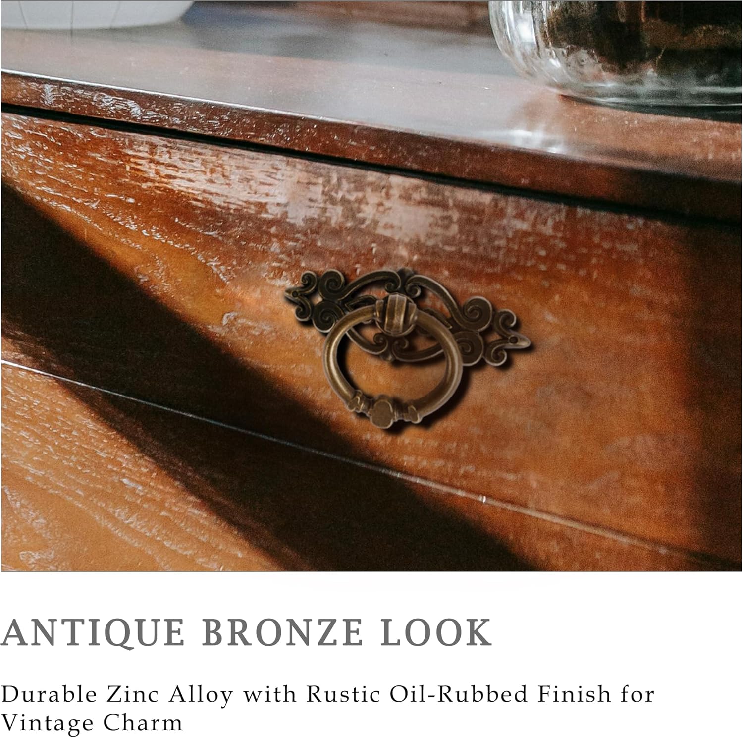 Antique Bronze Ring Pull Handles 8 Pack, Single Hole Vintage Drawer Pulls with Decorative Backplates, Round Cabinet Knobs for Dresser Box Cupboard, 1.4 Inch Diameter