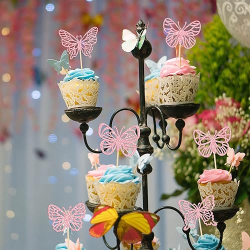 Miniatura 7 de Gyufise 36 piezas de adornos de mariposa para cupcakes 3D huecos de mariposa para cupcakes temáticos de mariposa, baby shower, boda, hada, fiesta de